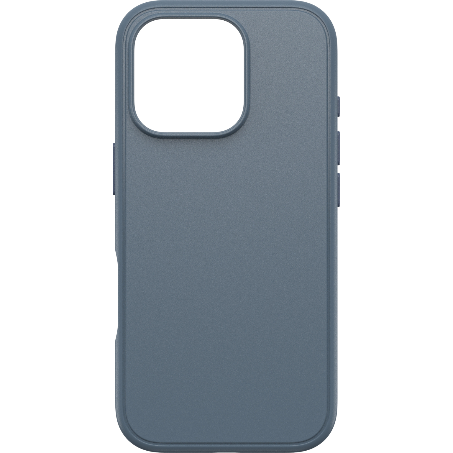 Coque bleue pour iPhone. Elle a une découpe pour l'appareil photo et des boutons latéraux. Le fond est blanc.