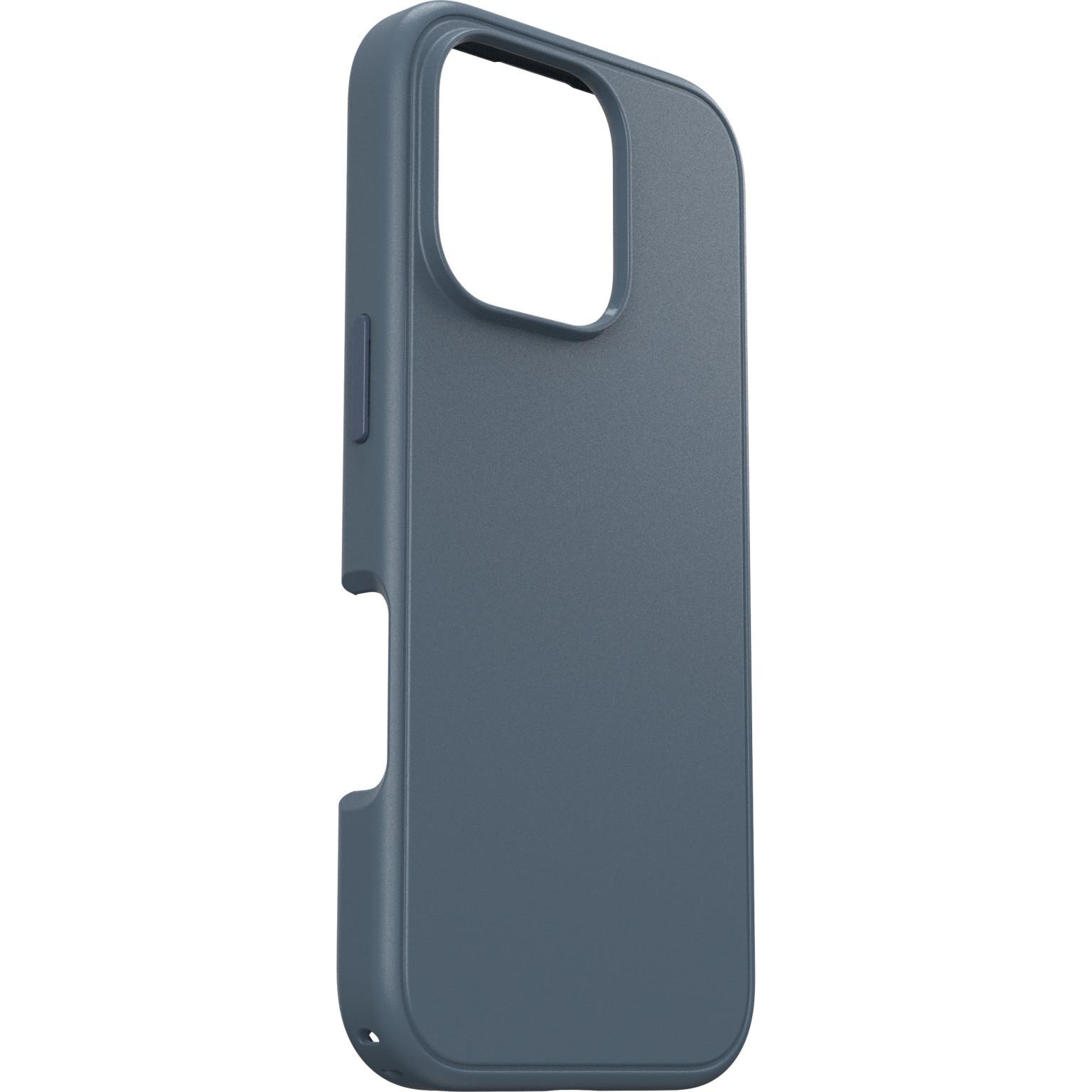 Une coque de téléphone bleue avec des découpes pour la caméra et les boutons.