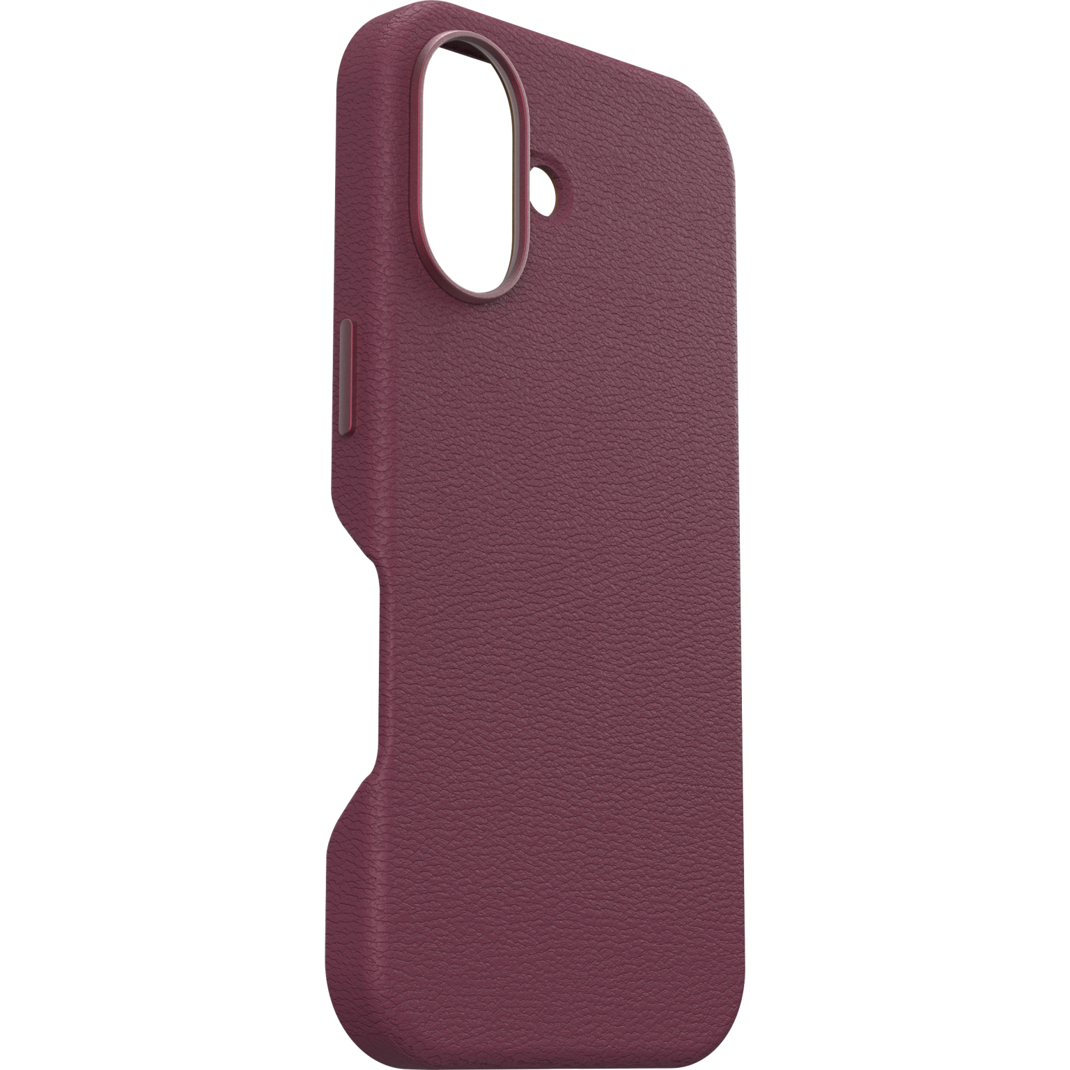 Coque de téléphone bordeaux avec découpe pour caméra et finition simili cuir. Fond blanc.