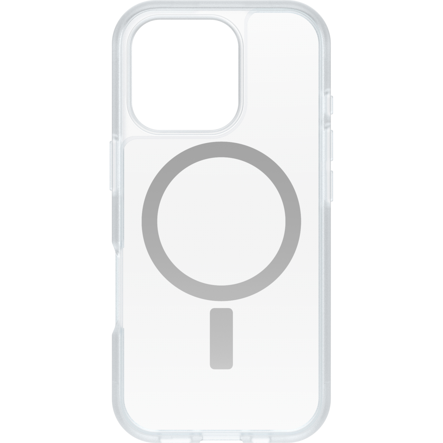 Une coque de téléphone transparente avec un cercle et une barre MagSafe à l'arrière.