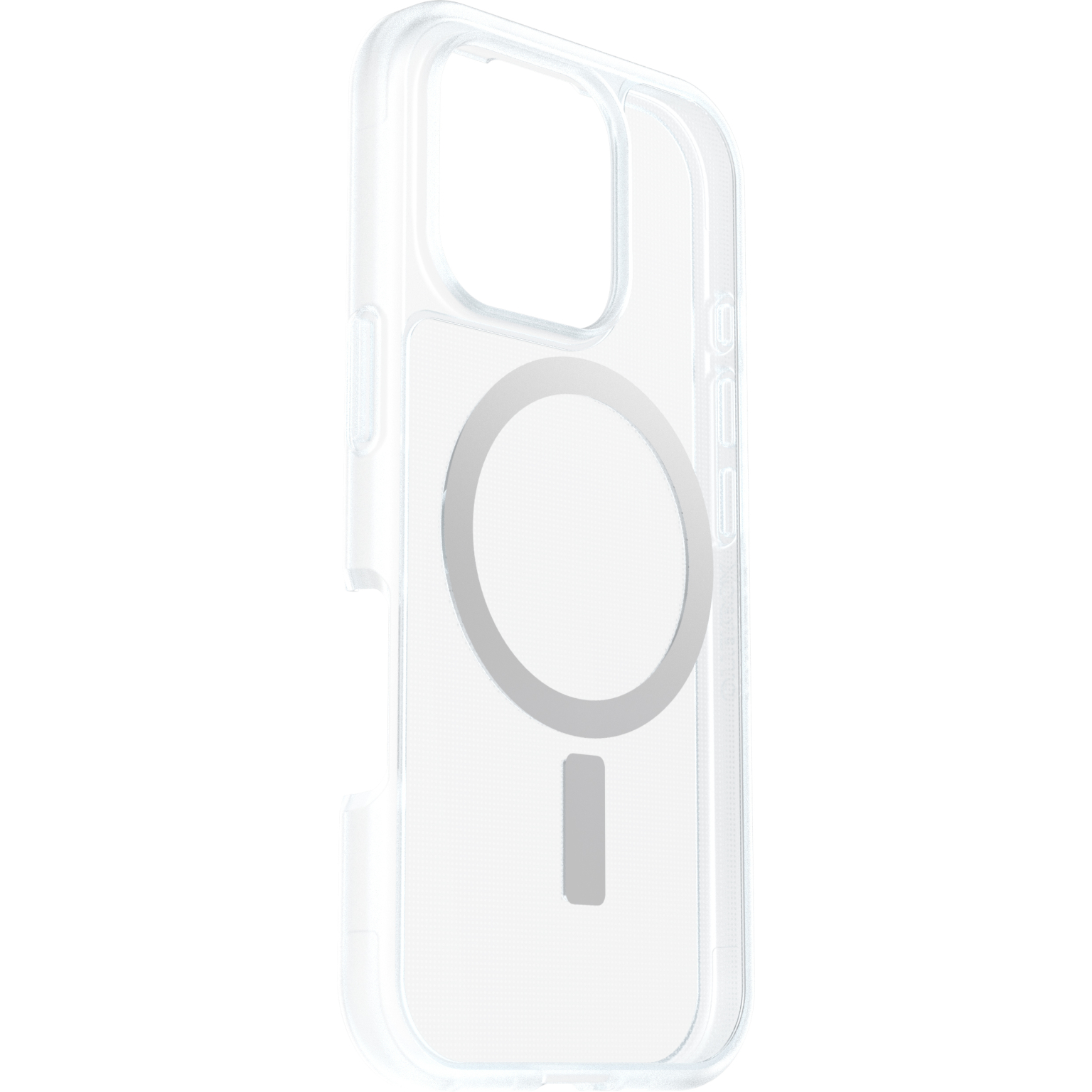 Une coque de téléphone transparente avec un cercle MagSafe et un signe moins.
