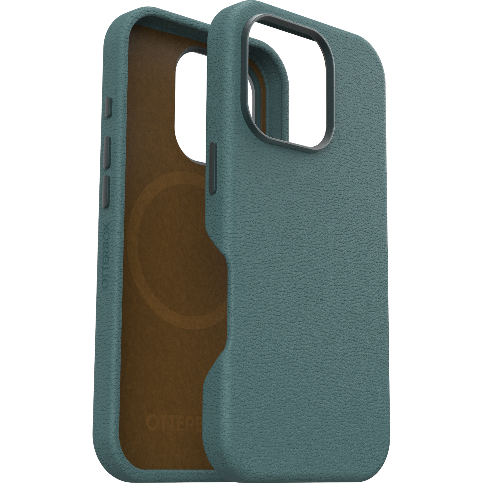 Une coque de téléphone bleu sarcelle avec un intérieur marron, ouverte montrant l'intérieur.