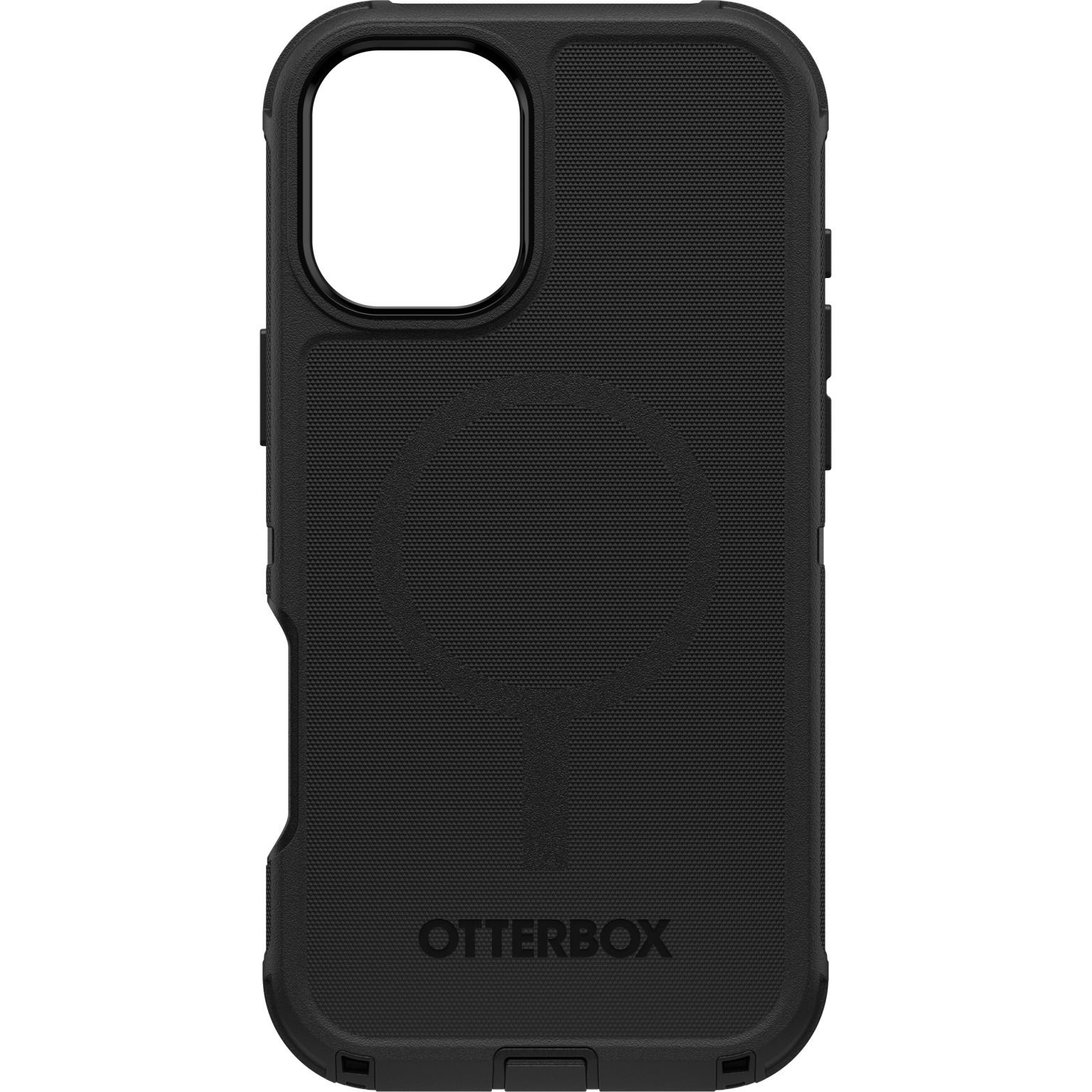 Schwarze Handyhülle mit strukturierter Oberfläche und Otterbox-Logo. Kreisförmiges Detail.