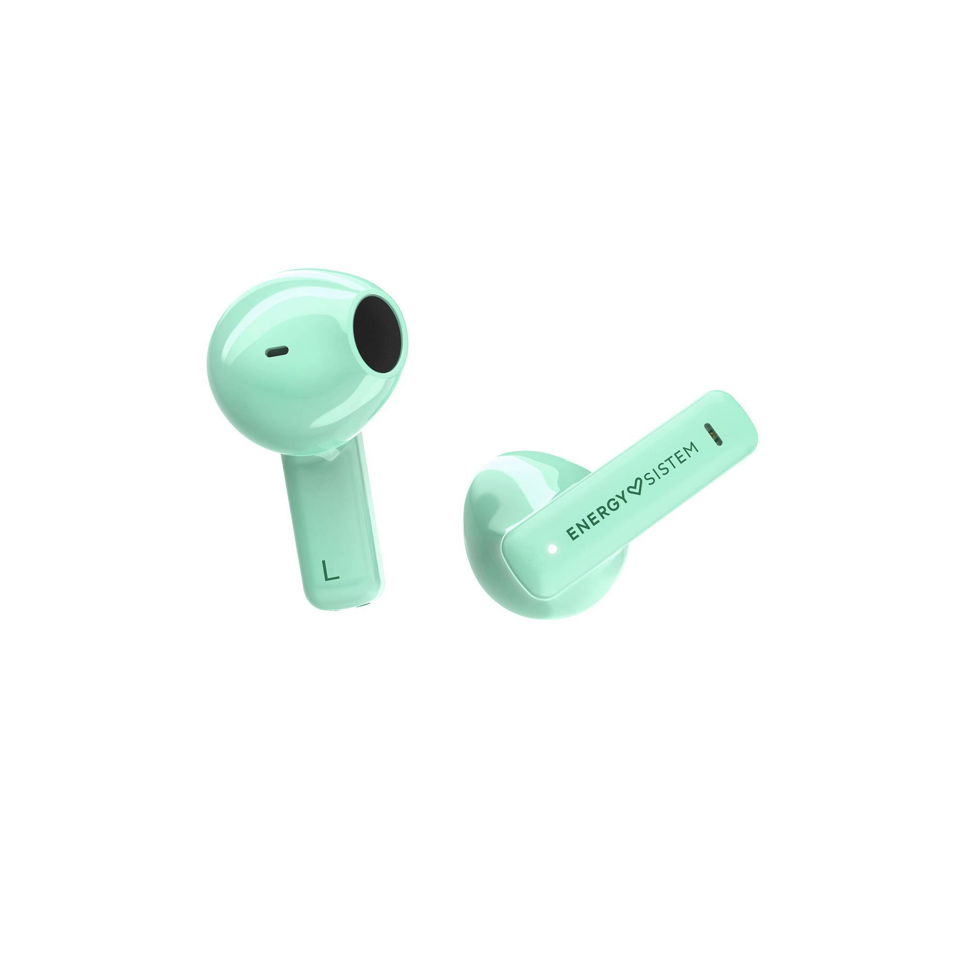 Due auricolari wireless verde menta su sfondo bianco. Uno ha un gambo con 'L'.