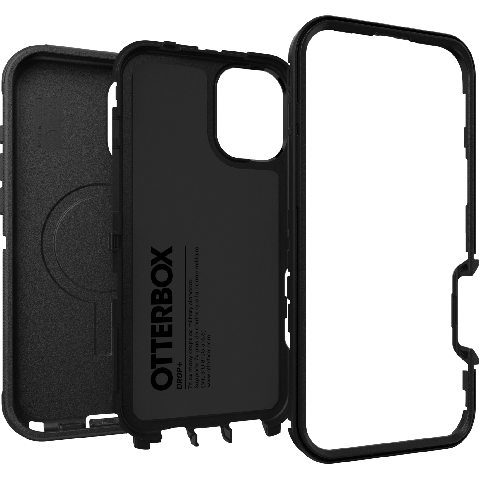 Schwarze Handyhülle, zerlegt, mit drei Teilen. Otterbox-Logo sichtbar.