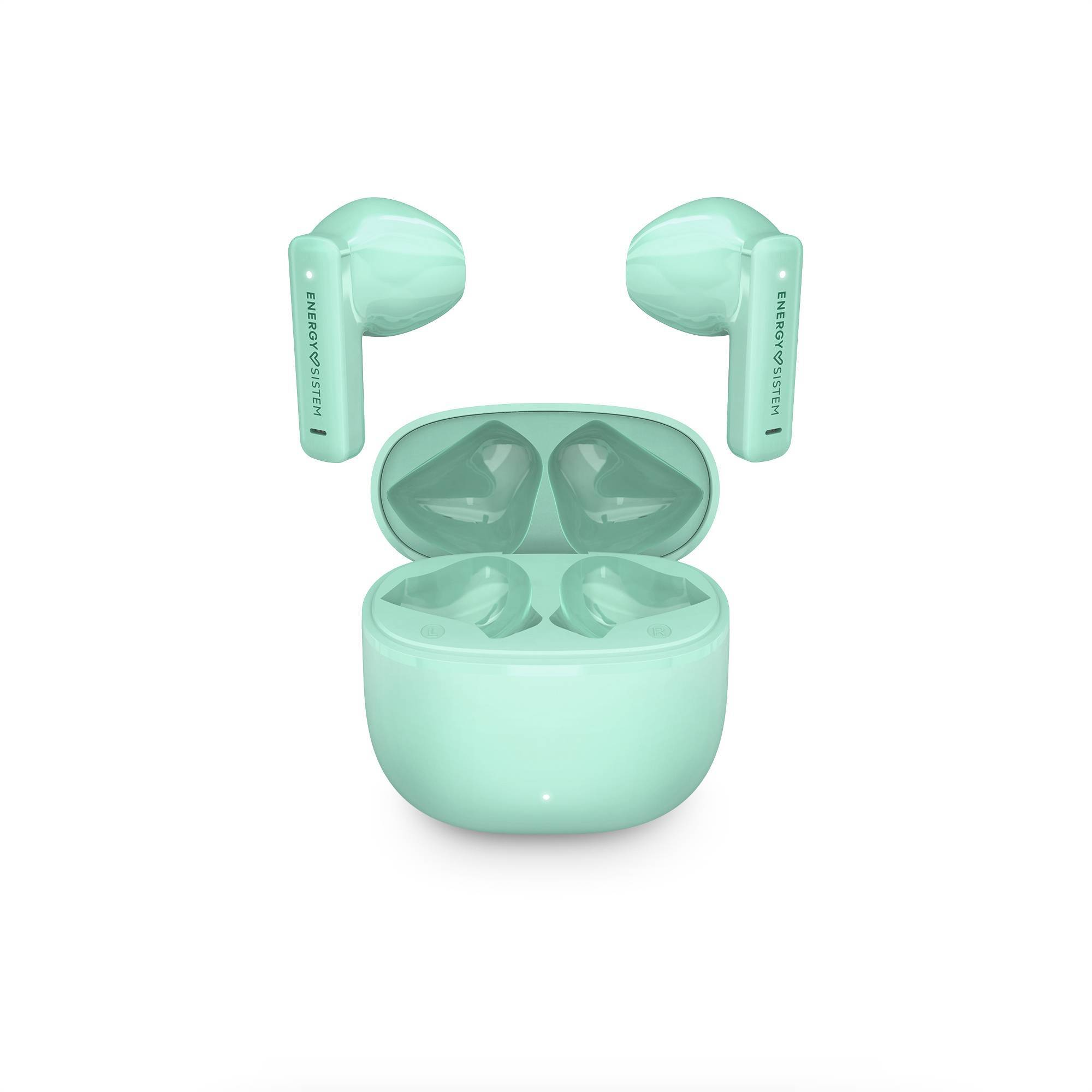 Auricolari verde menta con custodia di ricarica, disposti a forma di viso, sfondo bianco.
