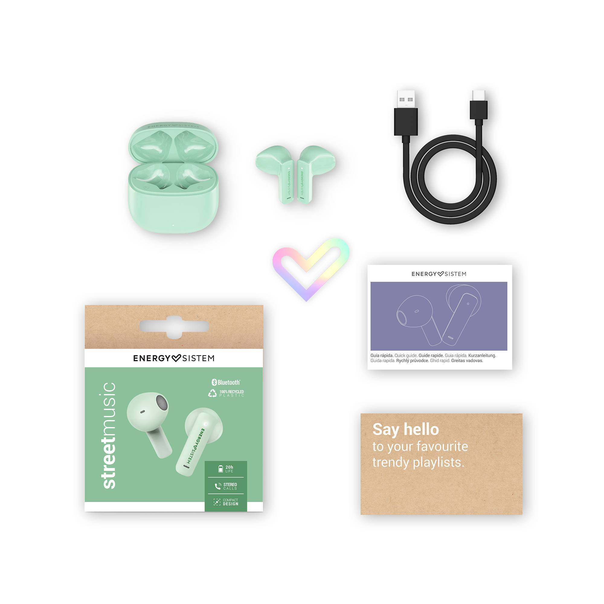 Auricolari verde menta, custodia di ricarica e accessori. Sfondo bianco con marchio e testo.