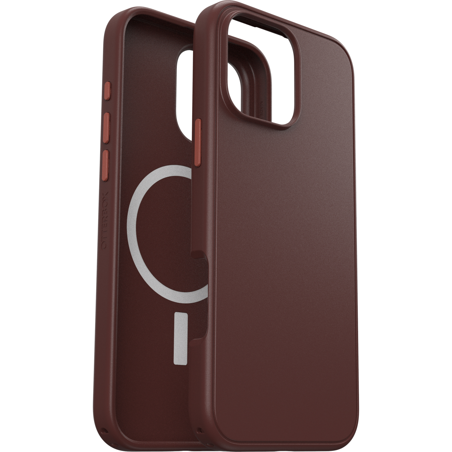 Coque de téléphone marron ouverte pour montrer l'intérieur avec un cercle blanc et une ligne noire. Elle a une coque dure.