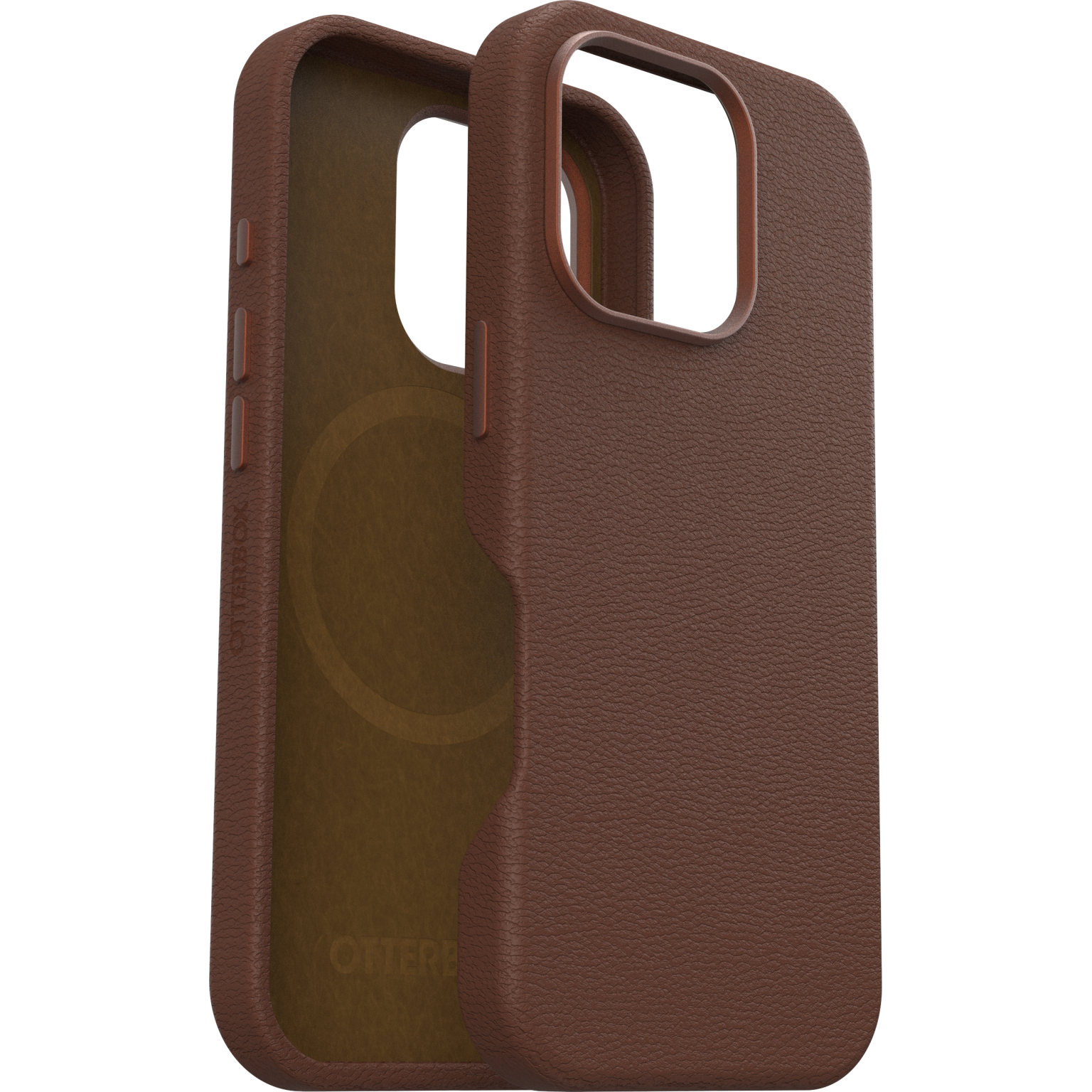 Braune Leder-Handyhülle, offen, Innenraum sichtbar. Otterbox-Logo.