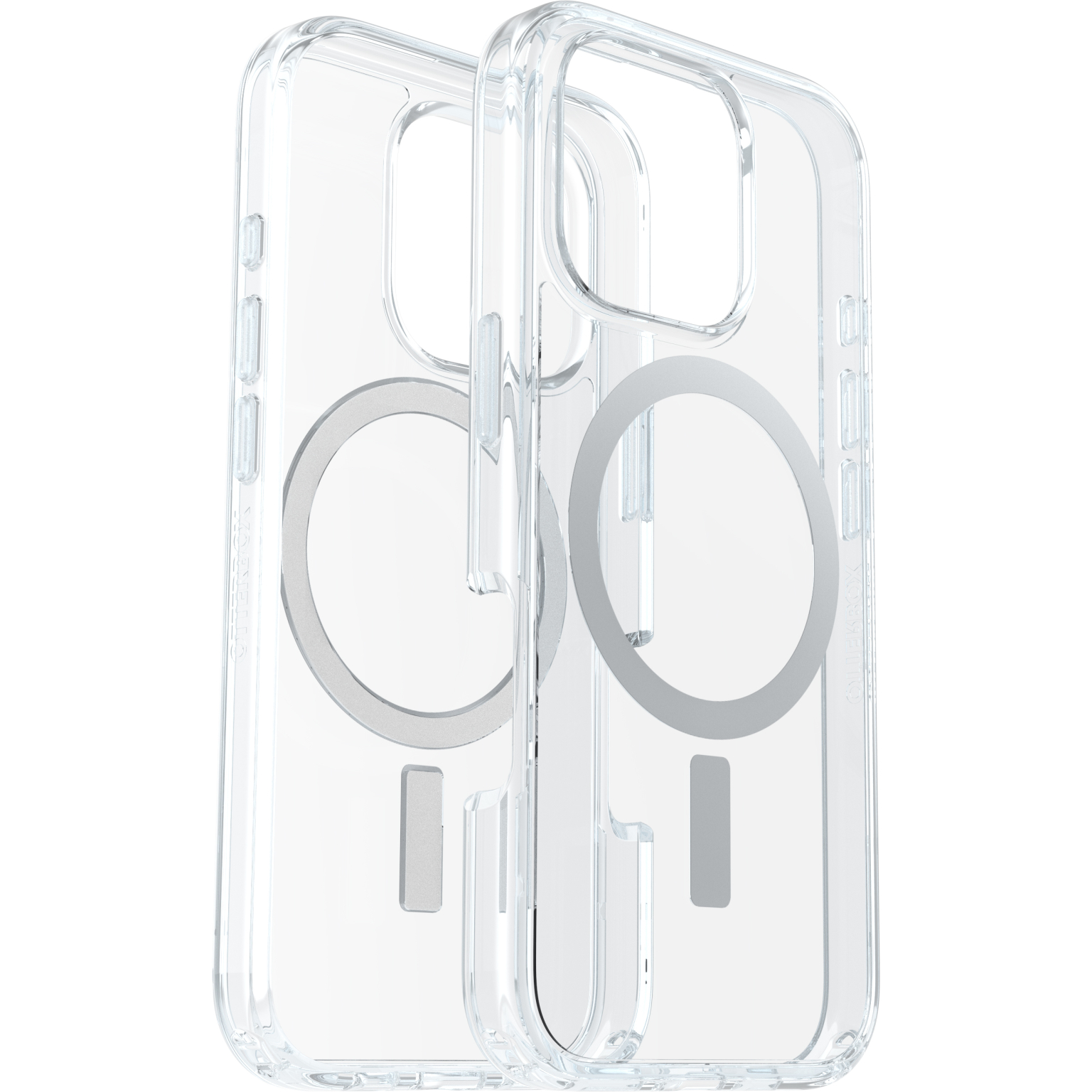 Deux coques de téléphone transparentes. Montre l'intérieur avec un aimant rond. Fond : blanc.