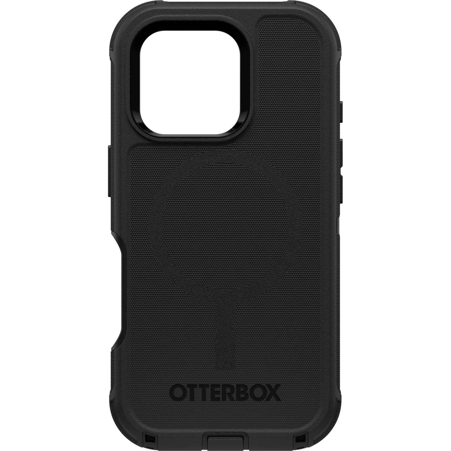 Coque de téléphone Otterbox noire. Finition texturée, découpe caméra et logo Otterbox.