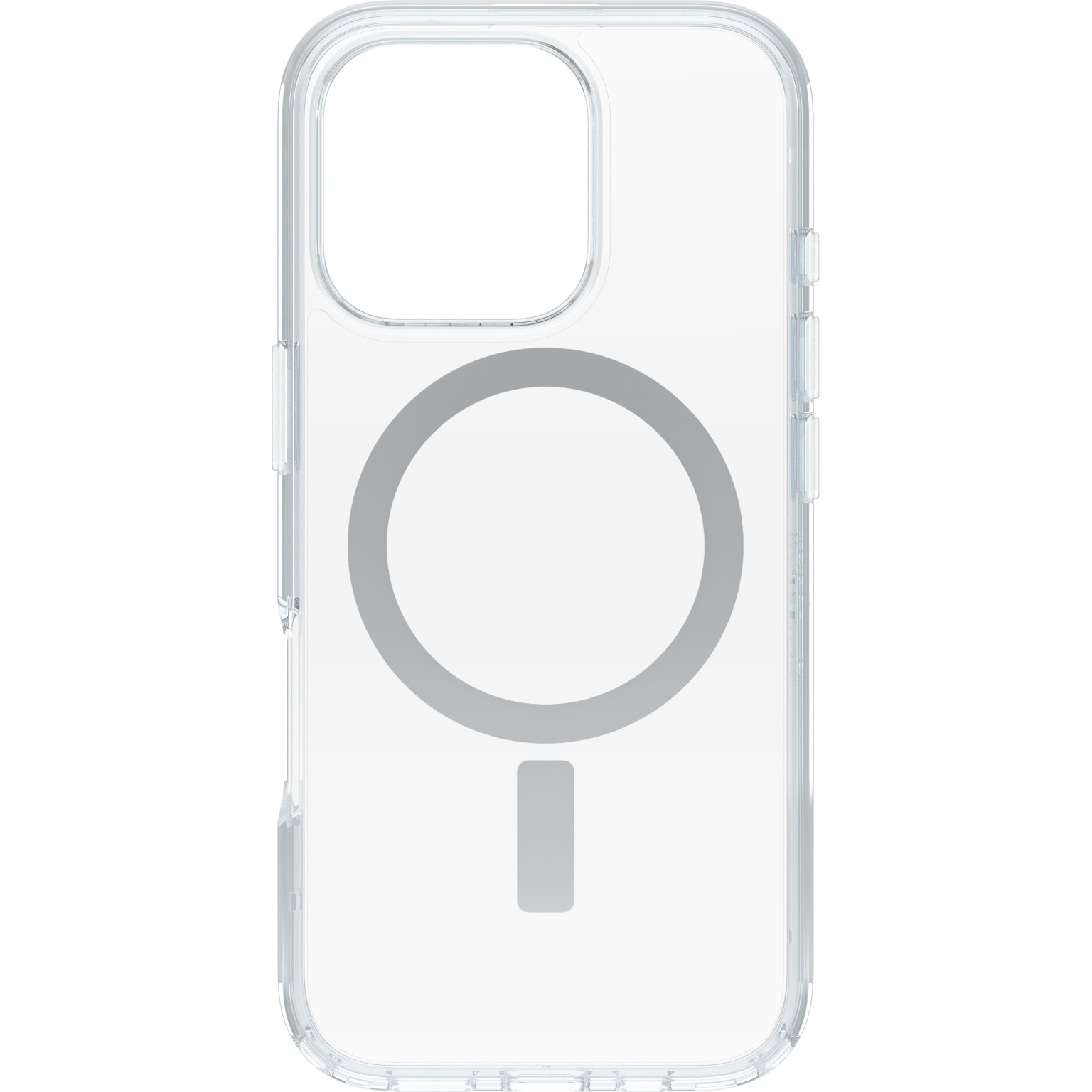 Coque de téléphone transparente avec design magnétique circulaire et rectangulaire au dos.