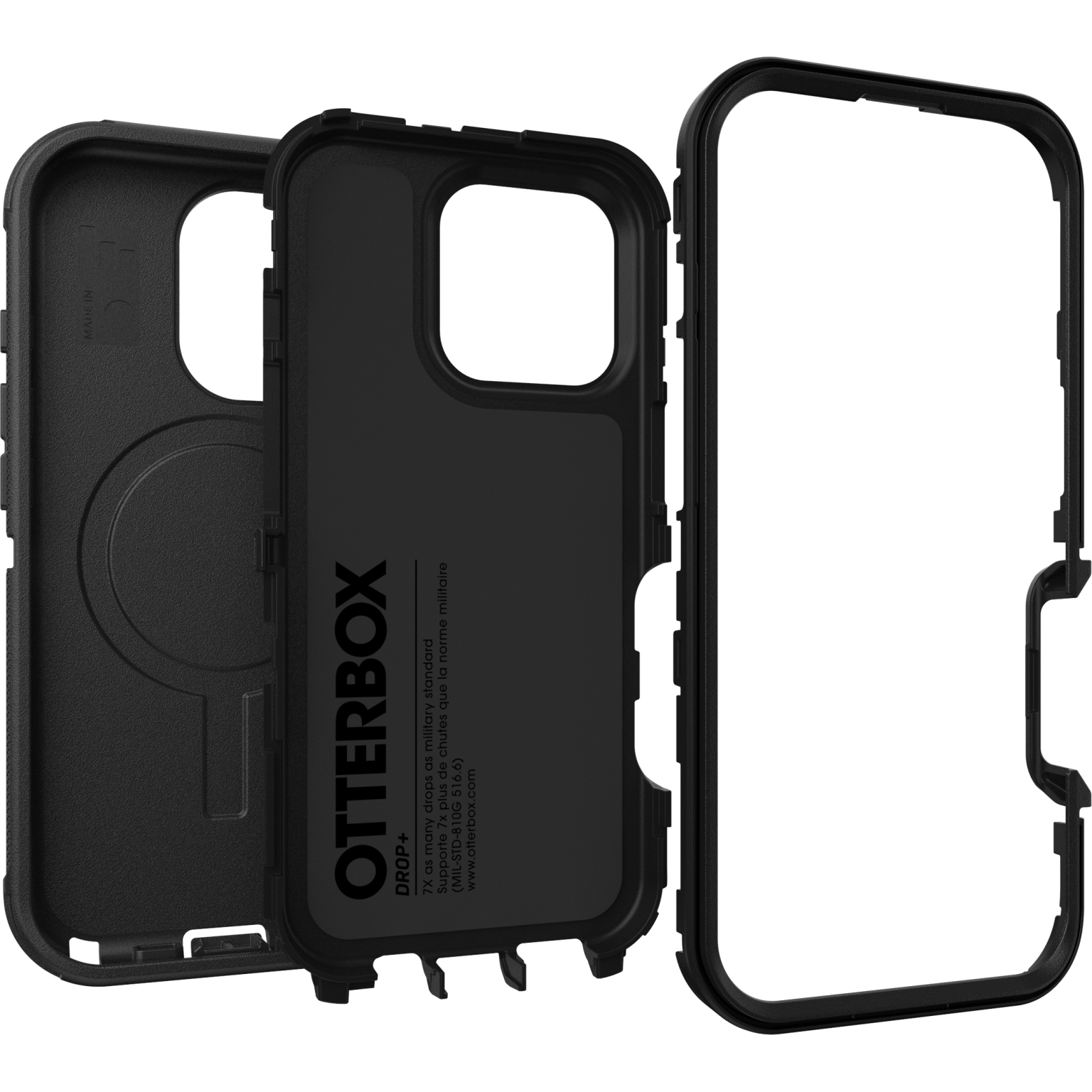 Coque de téléphone Otterbox noire avec trois parties séparées, montrant l'intérieur.