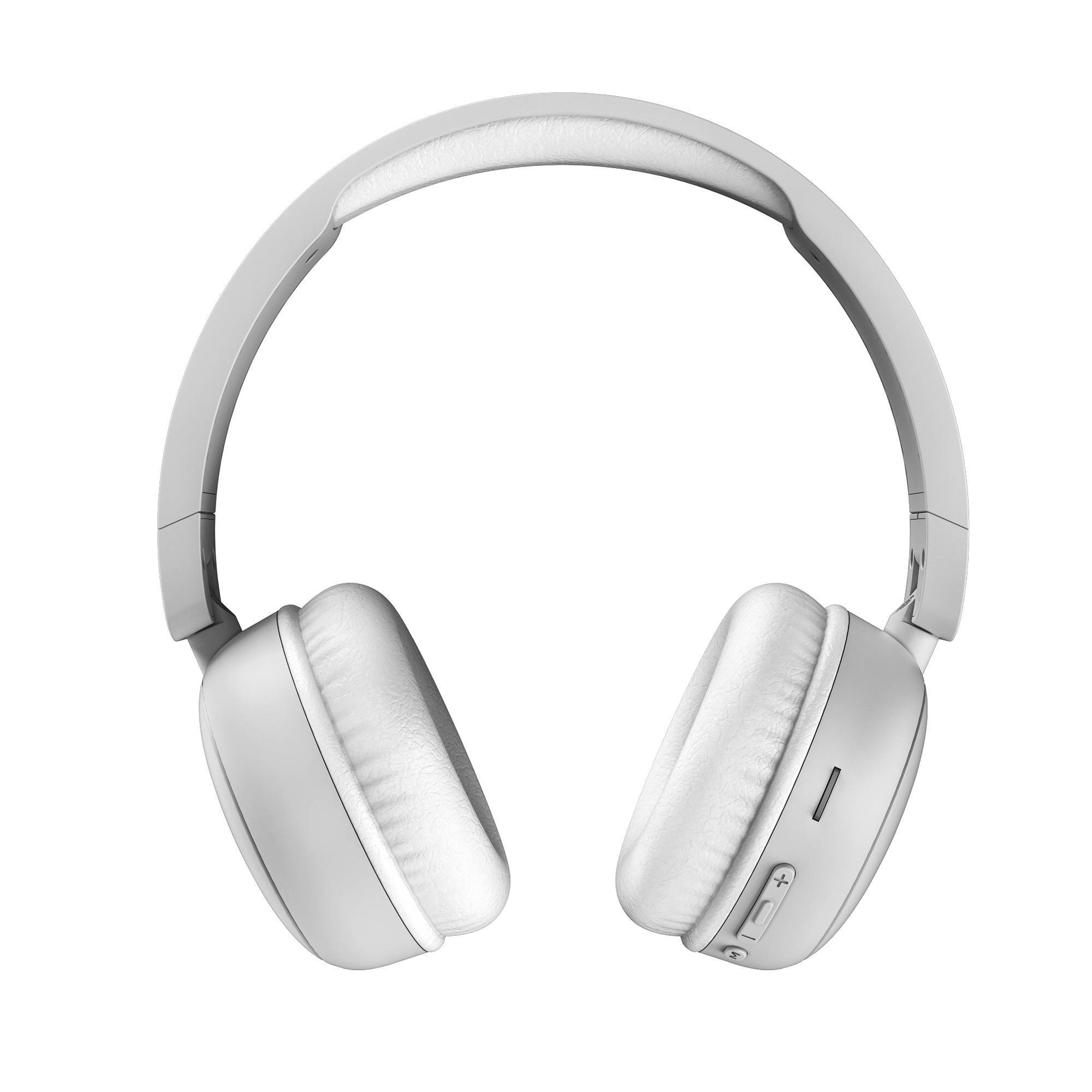 Auriculares blancos sobre la oreja con diadema y auriculares blancos. Los auriculares están sobre un fondo blanco.