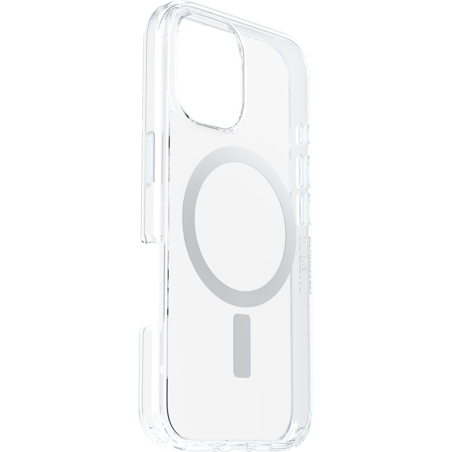 Transparente Handyhülle mit einem Ausschnitt für die Kamera und einem Magnetkreis. Die Hülle ist transparent.