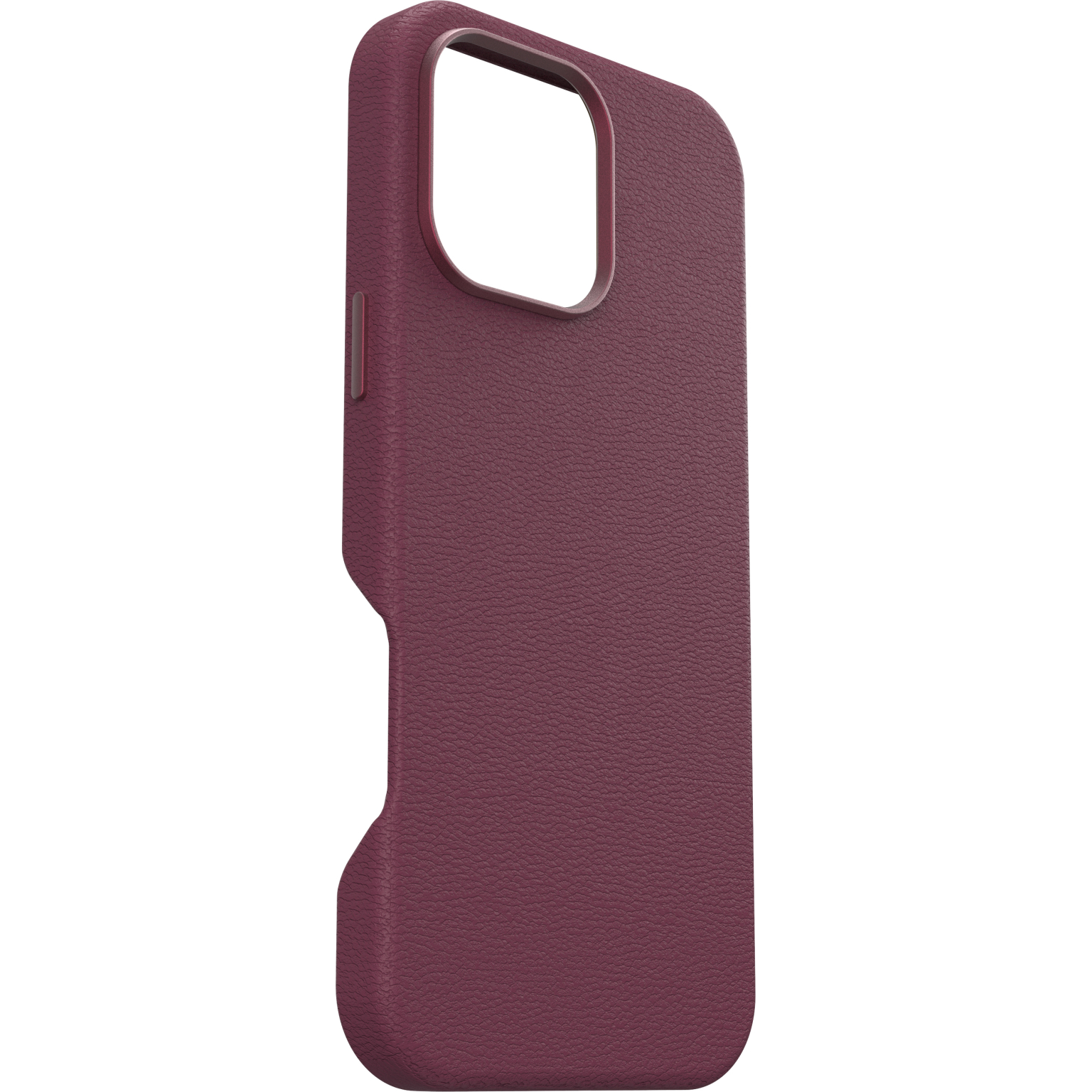 Coque de téléphone bordeaux avec découpe caméra et bouton. Texture simili cuir.