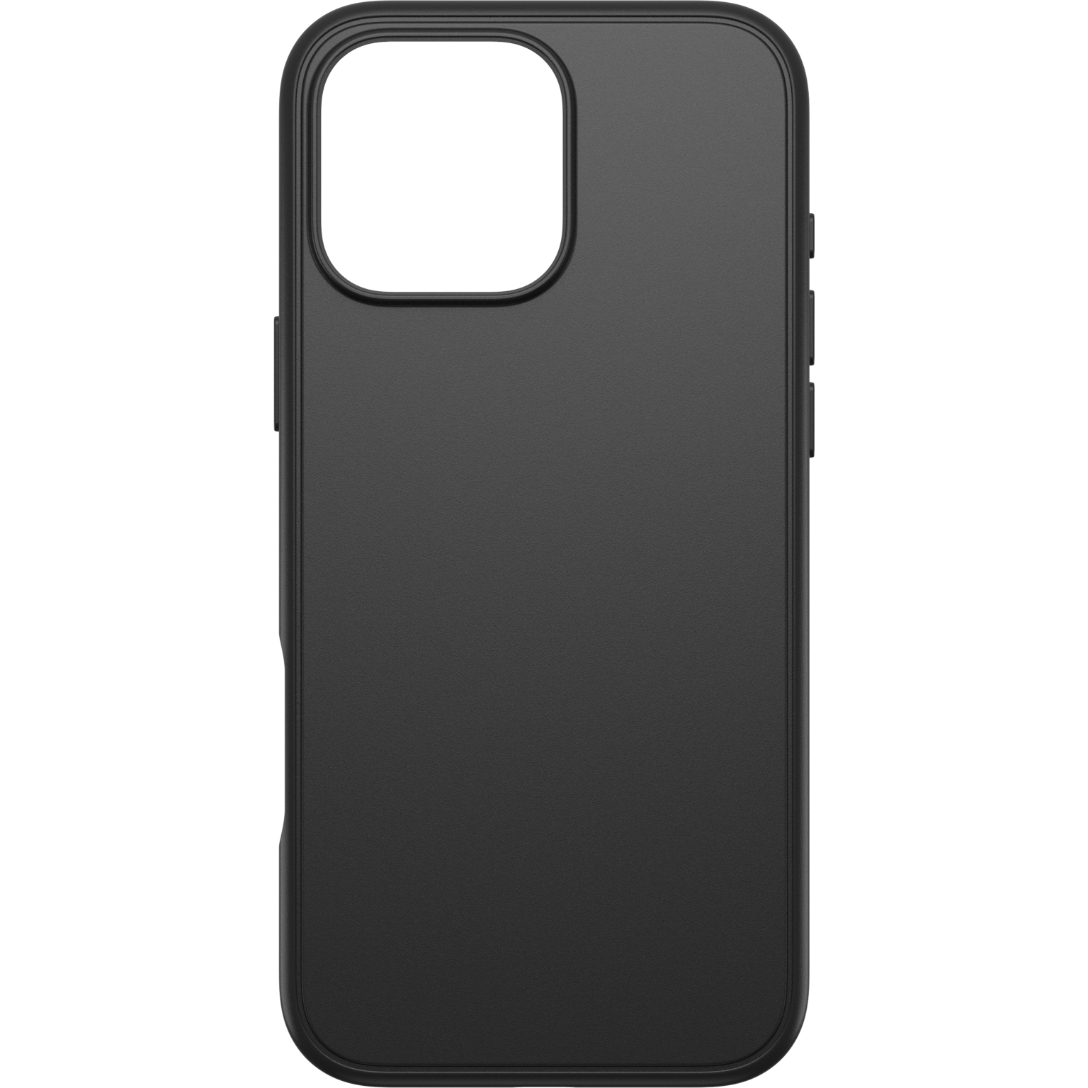 Coque de téléphone noire. Elle a une découpe caméra, des boutons latéraux et un dos lisse. C'est une coque de protection.