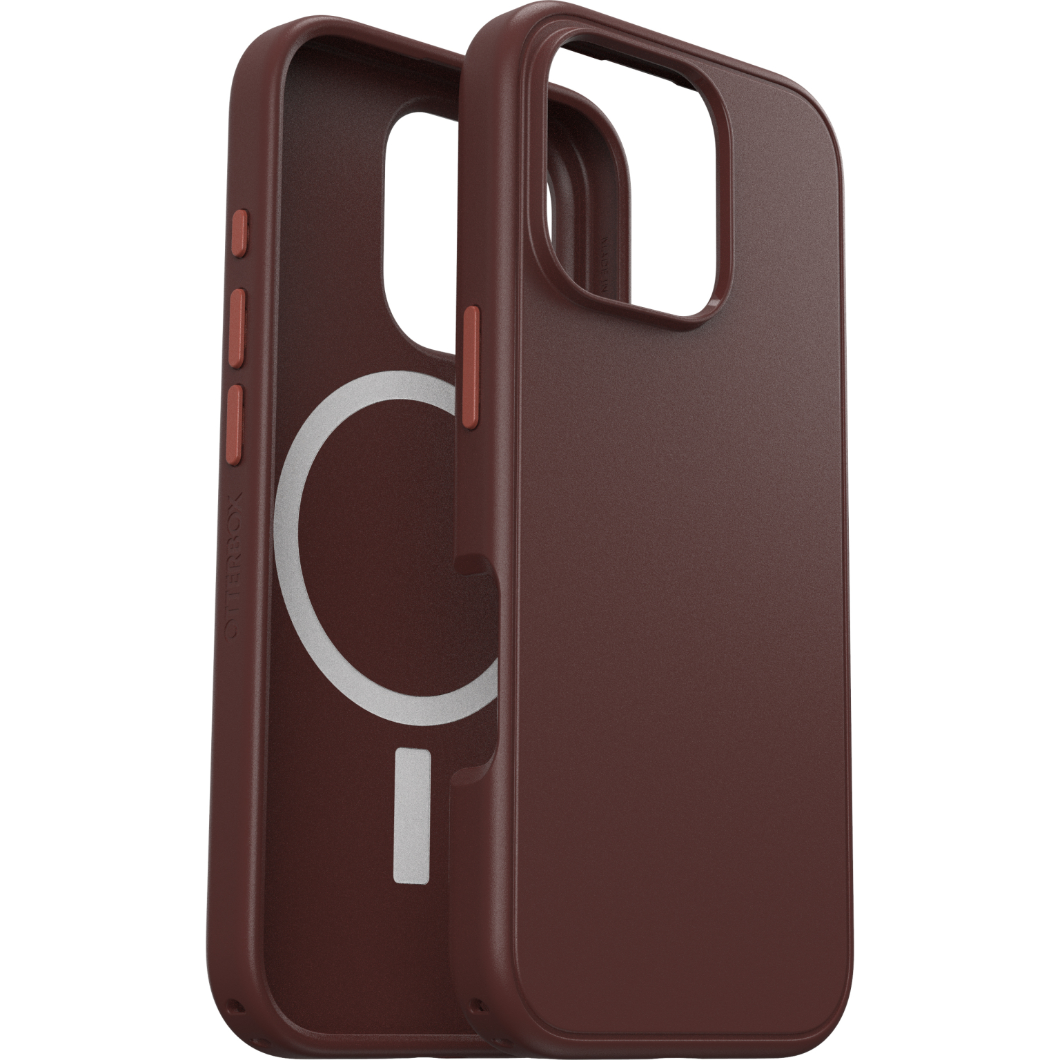 Coque de téléphone marron. Deux pièces, ouverte, montrant l'intérieur avec un cercle blanc.