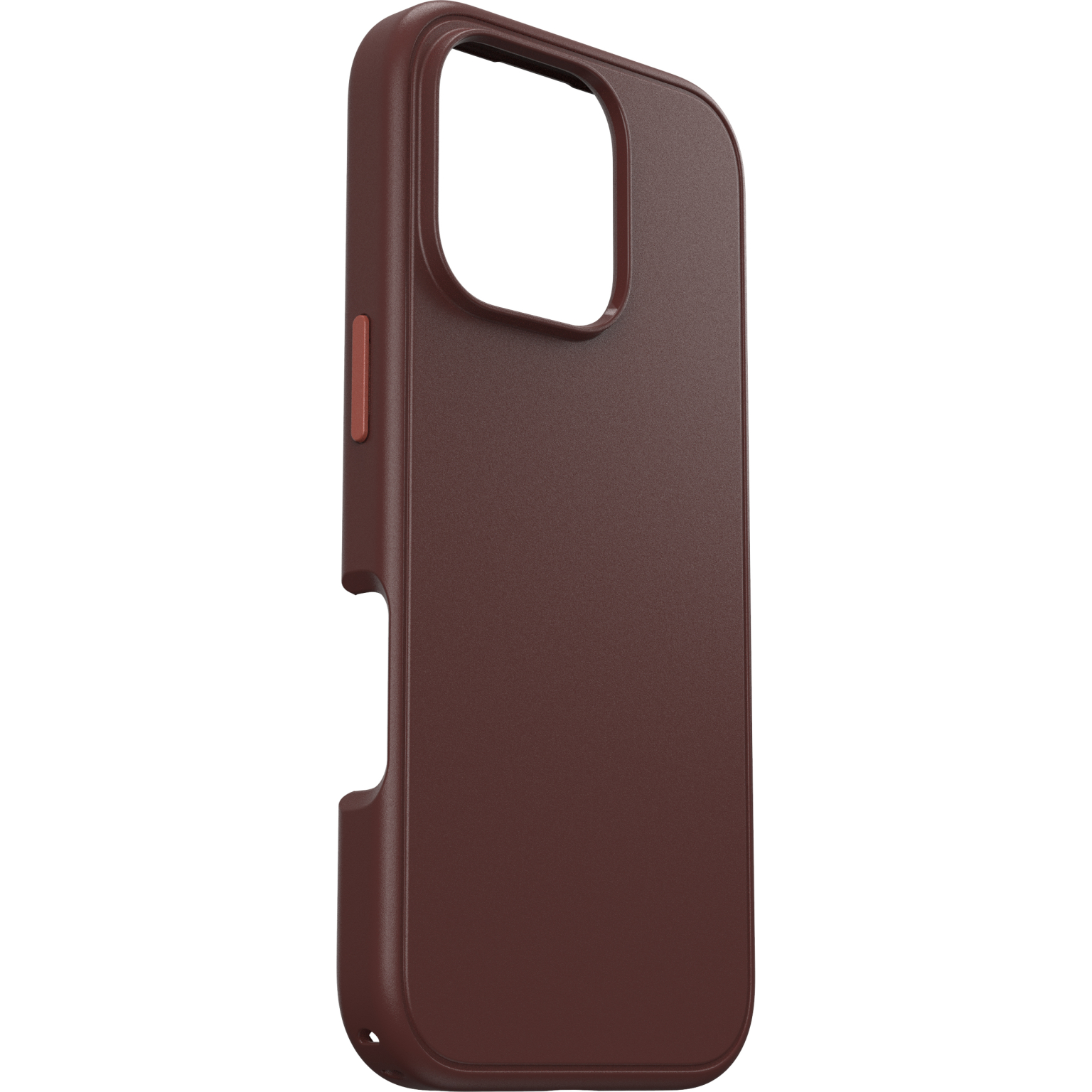 Coque de téléphone marron, découpe pour caméra et boutons latéraux.