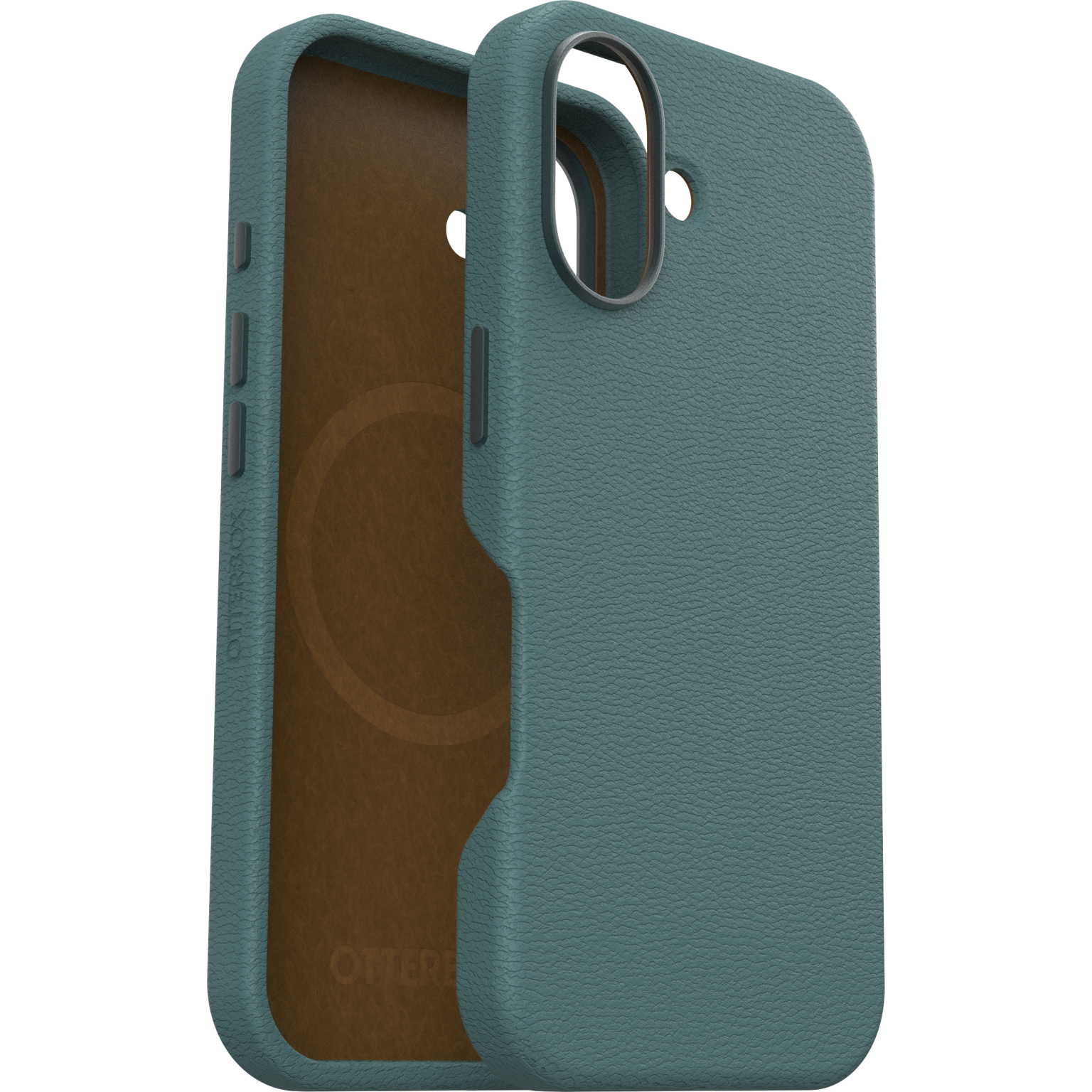 Coque de téléphone bleu canard avec découpe caméra et intérieur marron, fond blanc.
