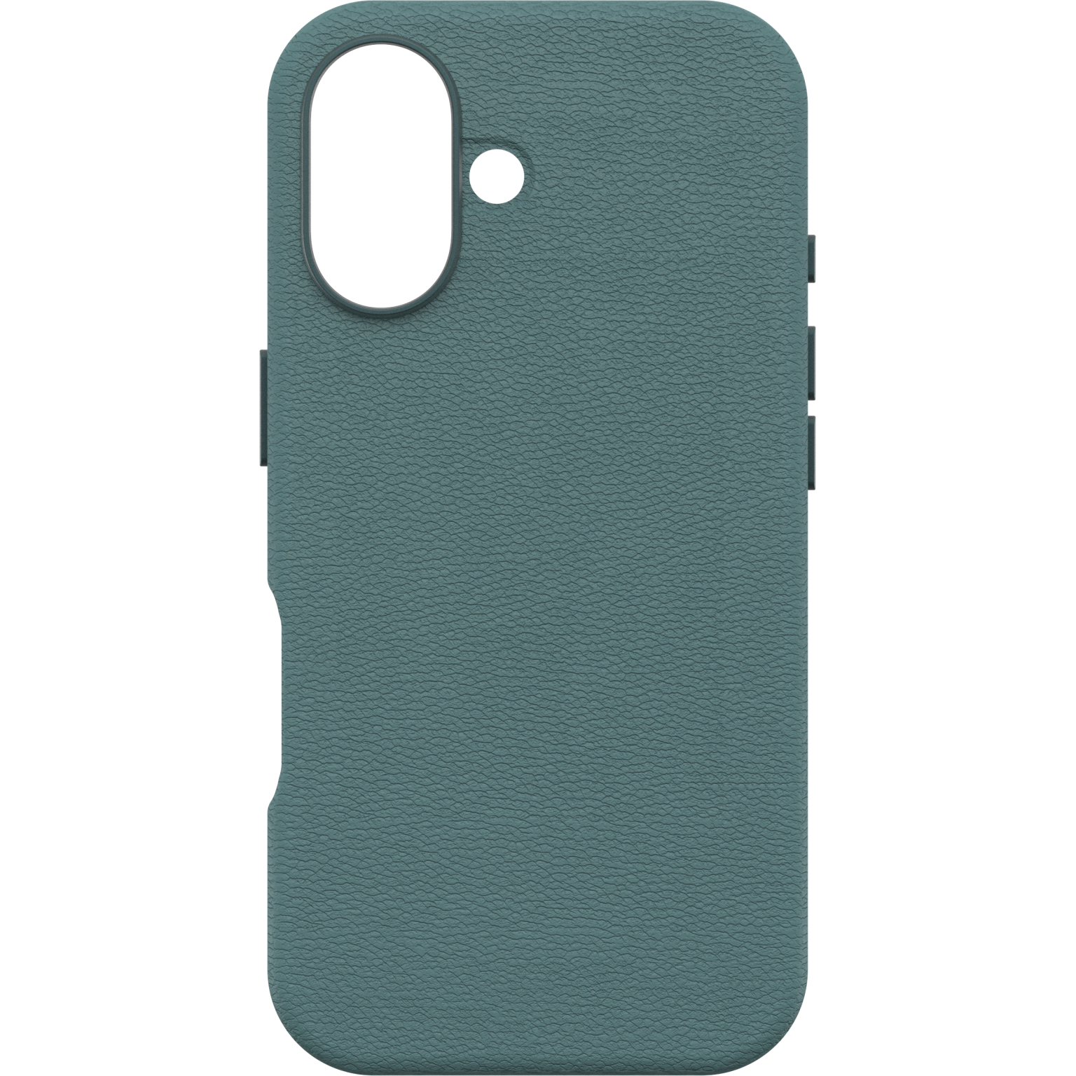 Coque de téléphone turquoise avec surface texturée. Découpes, boutons et dos lisse. Bords arrondis.