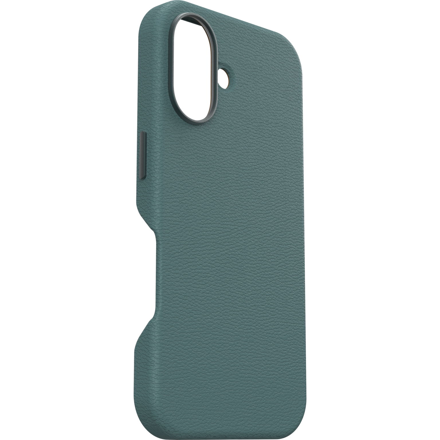 Coque de téléphone bleu-vert avec surface texturée et découpe pour la caméra.