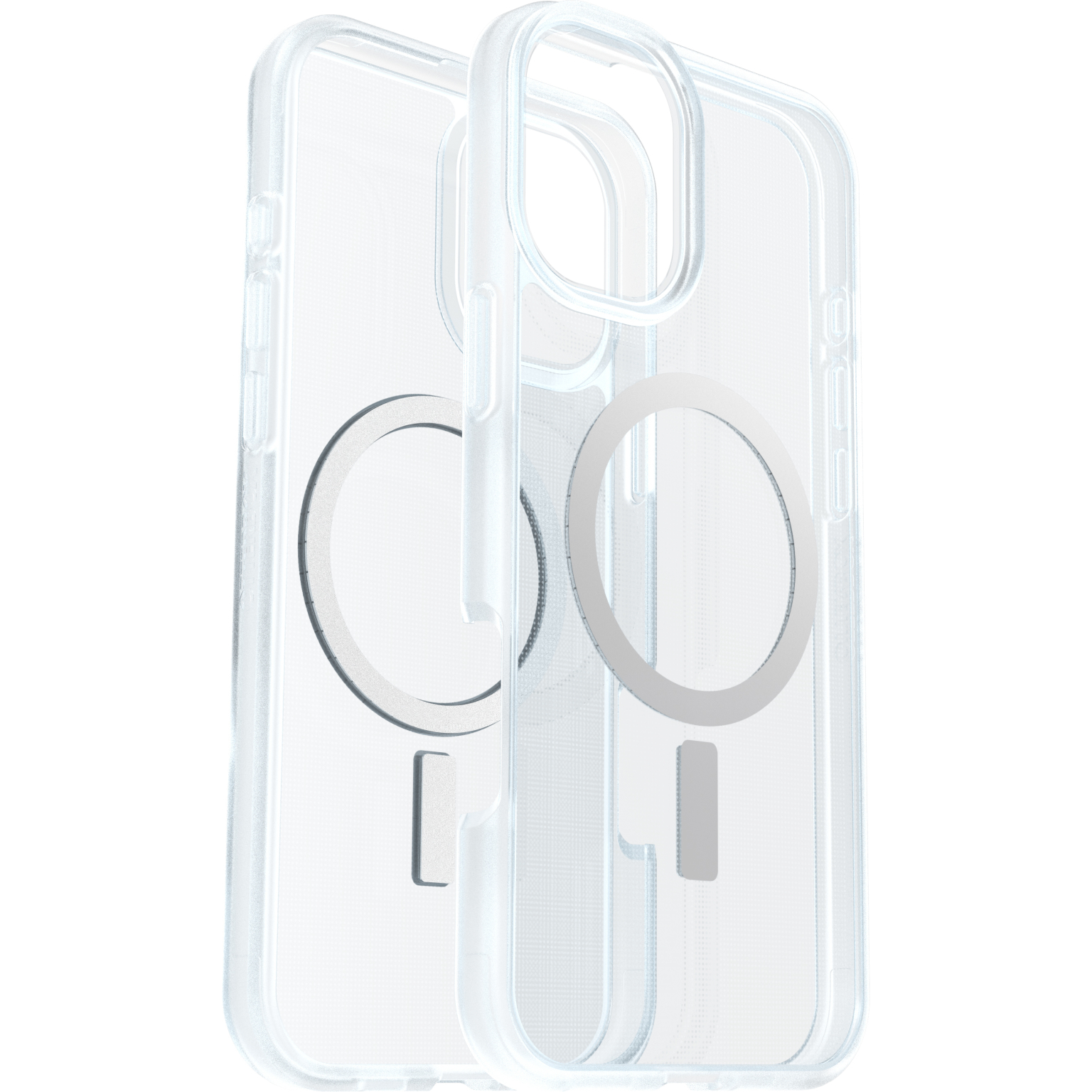 Transparante telefoonhoes. Twee helften, transparant, met witte cirkel en rechthoek.