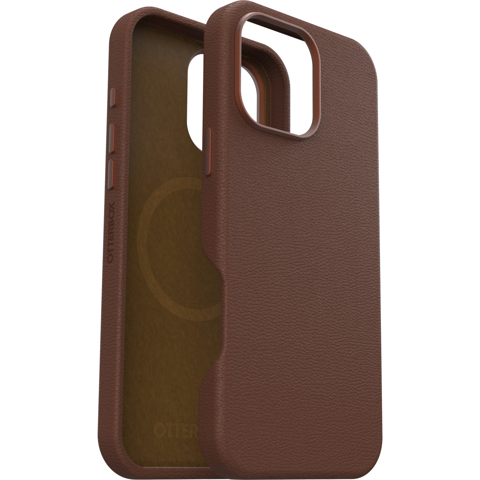 Braune Leder-Handyhülle, geöffnet, um das Innere mit Otterbox-Logo zu zeigen.