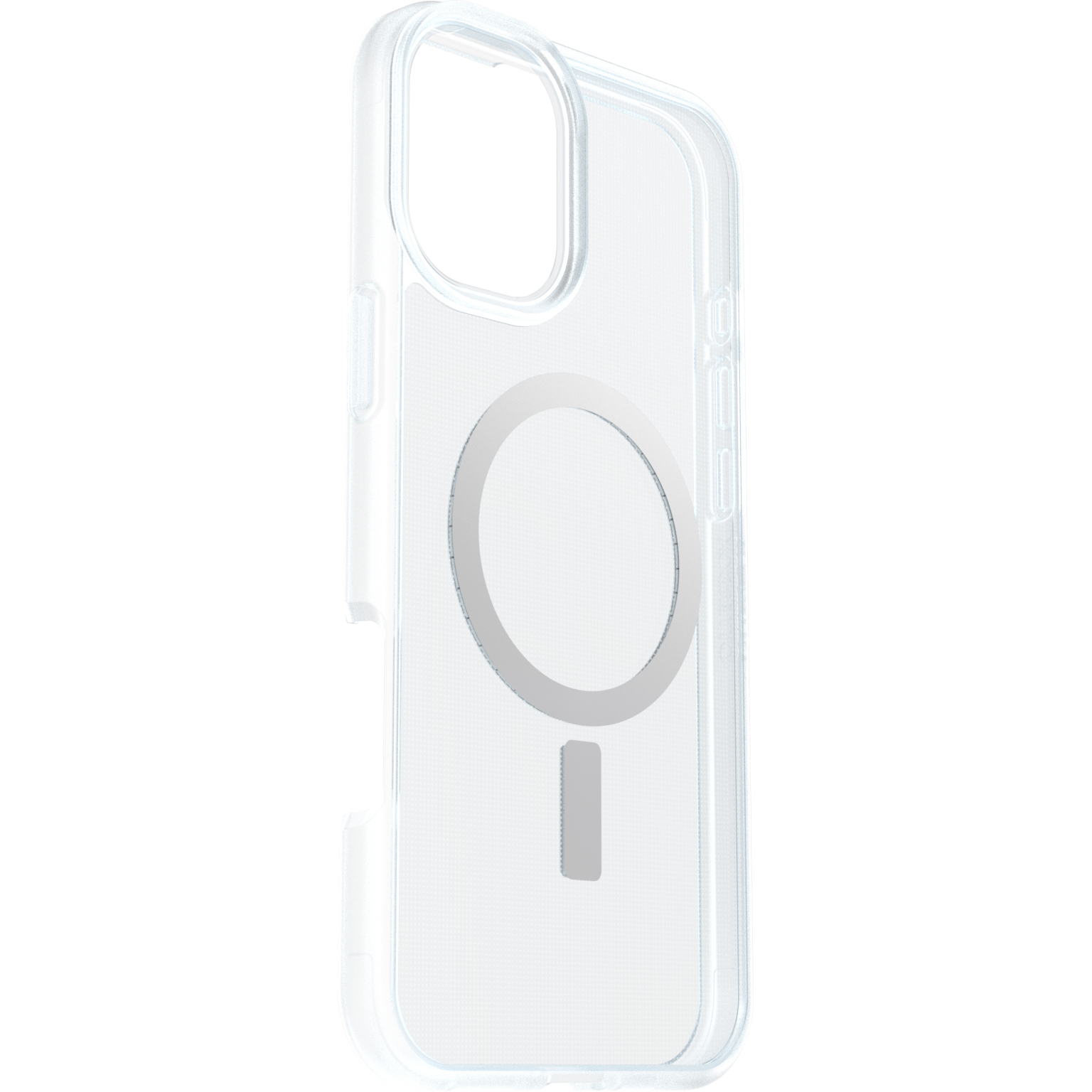 Transparante telefoonhoes met witte ring en rechthoek. MagSafe-ontwerp zichtbaar.