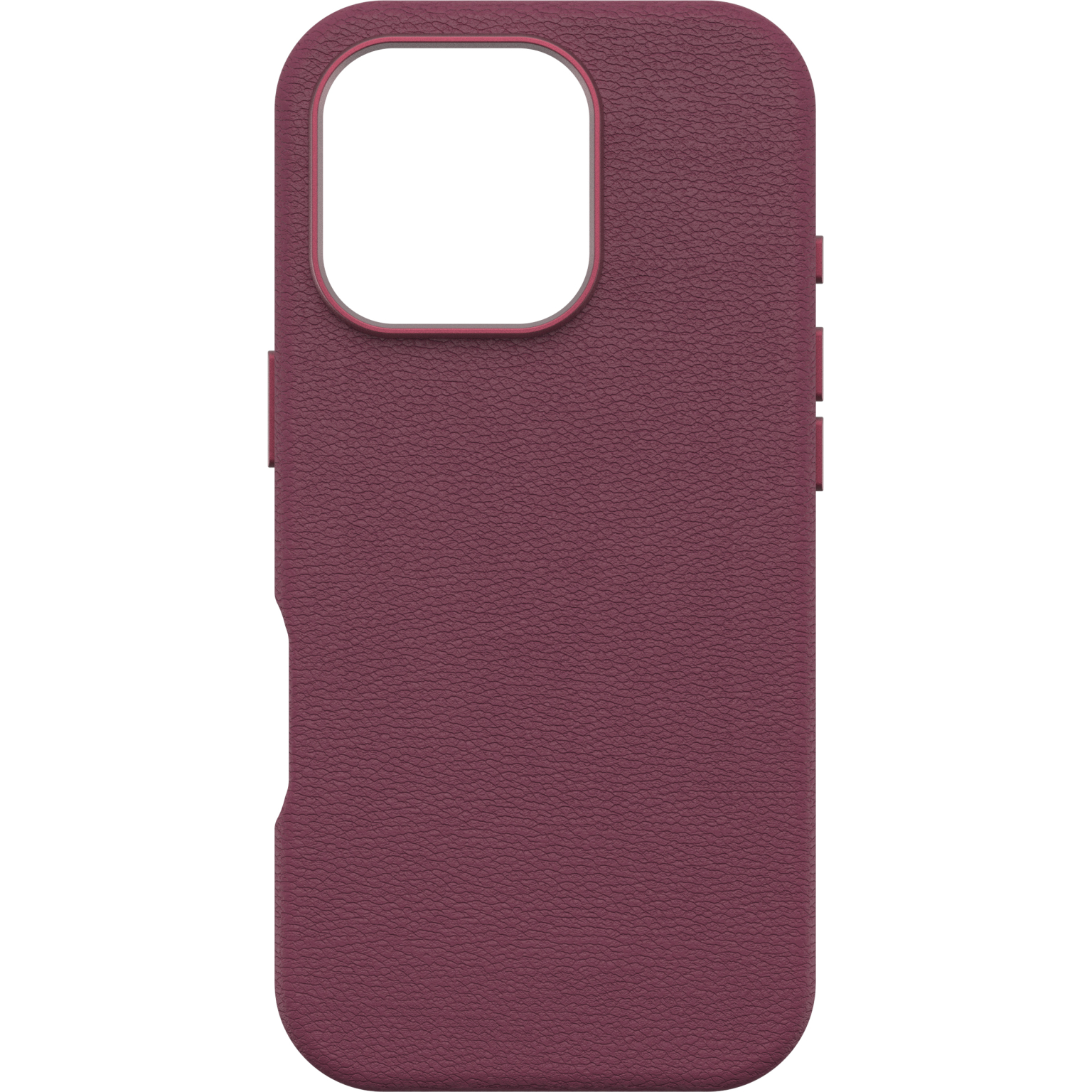 Coque de téléphone bordeaux avec découpe caméra et zone de boutons. Texture simili cuir.