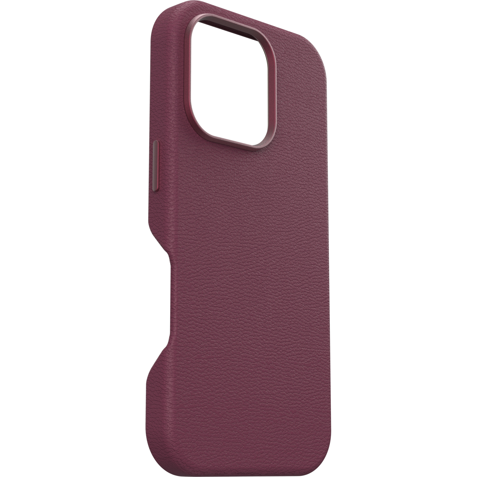 Coque bordeaux avec découpe pour caméra. Texture simili cuir, fond blanc.