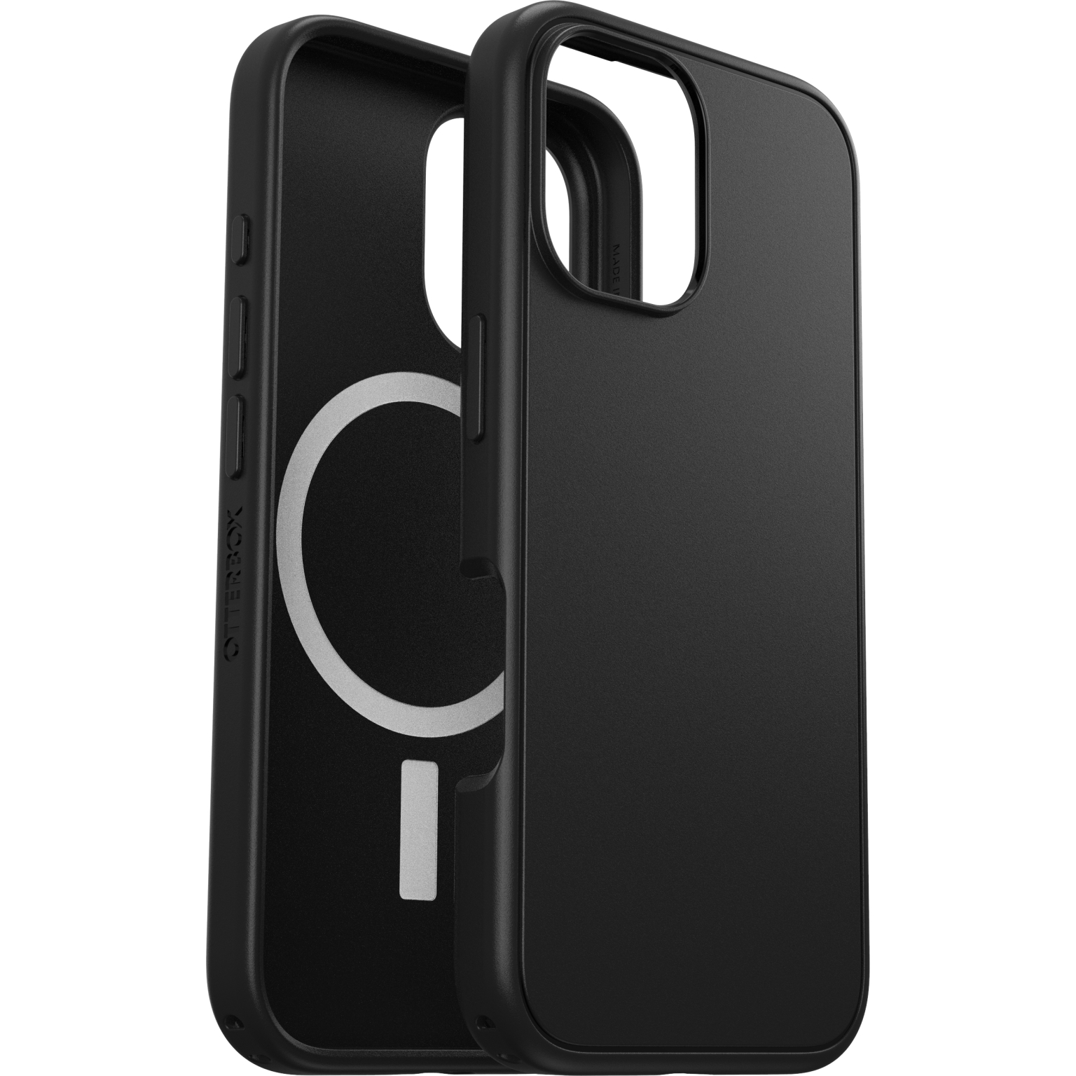 Coque de téléphone noire, démontée, montrant l'intérieur avec un cercle blanc.