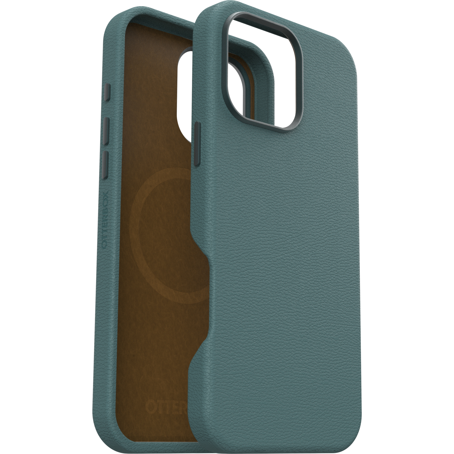 Coque en cuir vert d'eau, ouverte, intérieur visible. Marque Otterbox.