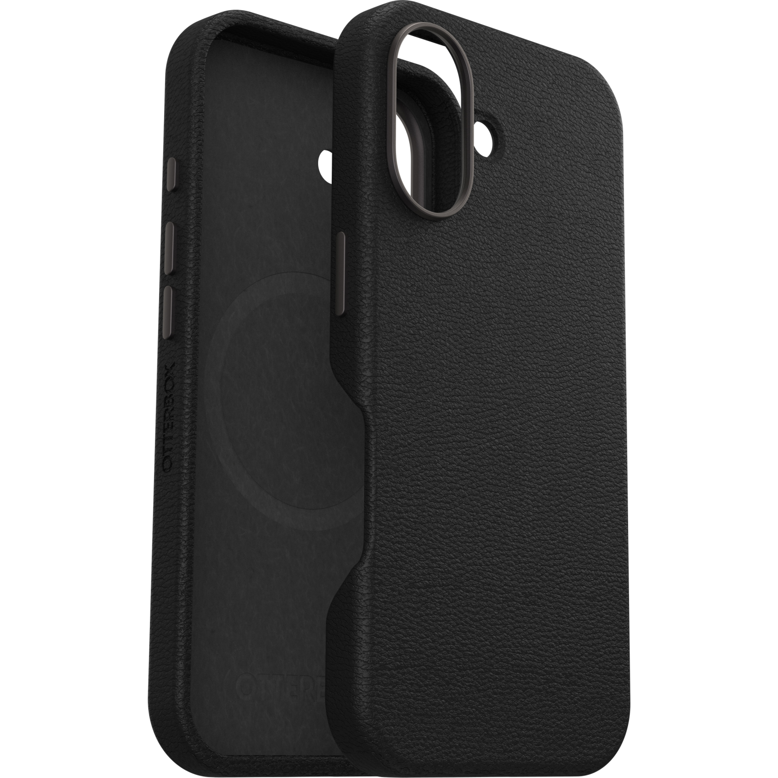 Coque de téléphone noire avec une texture rugueuse. La coque est ouverte pour montrer un autre téléphone et une découpe de caméra.