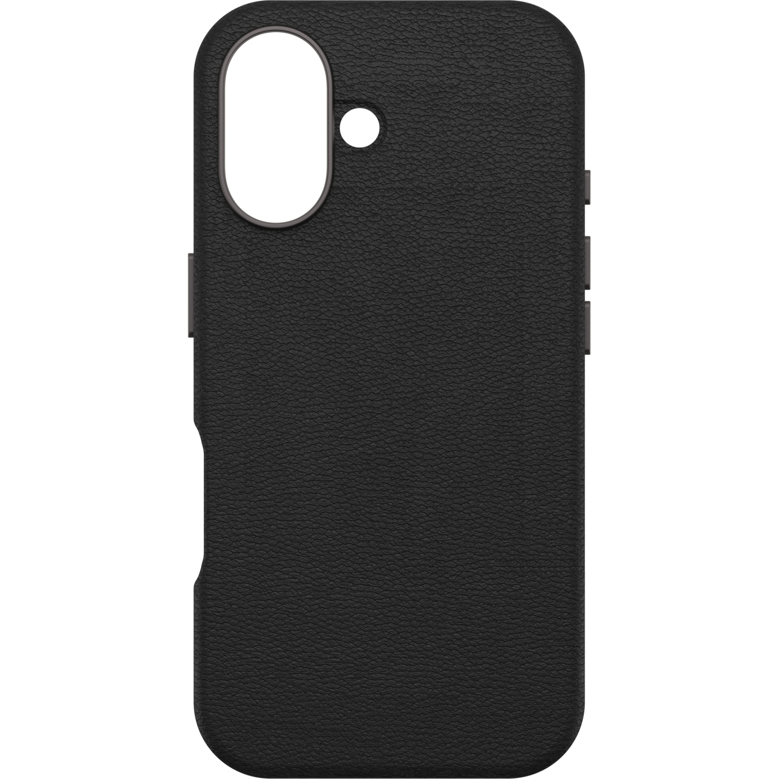 Coque de téléphone noire avec surface texturée, découpe caméra et boutons latéraux.