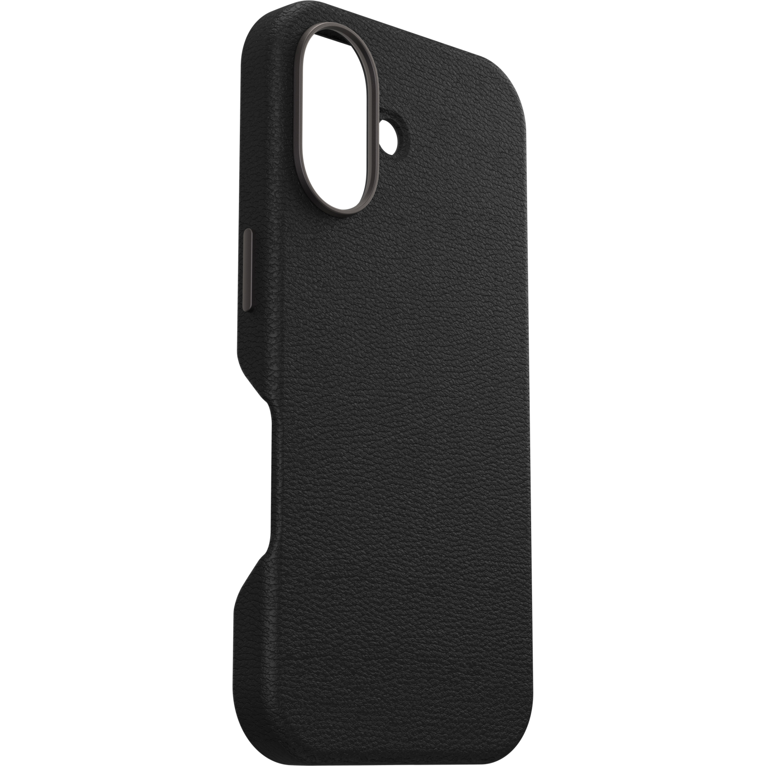 Coque de téléphone noire. Texture simili cuir. Découpe pour caméra et boutons. Vue latérale.