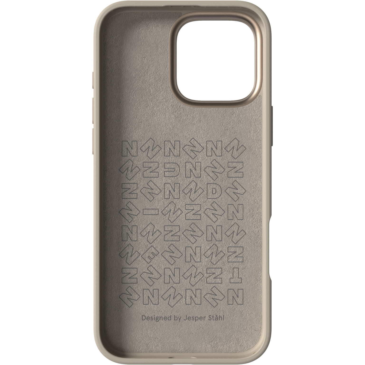 Intérieur de coque de téléphone beige. Il y a des flèches et du texte qui dit 'Designed by Jesper Stahl'. La coque est beige.