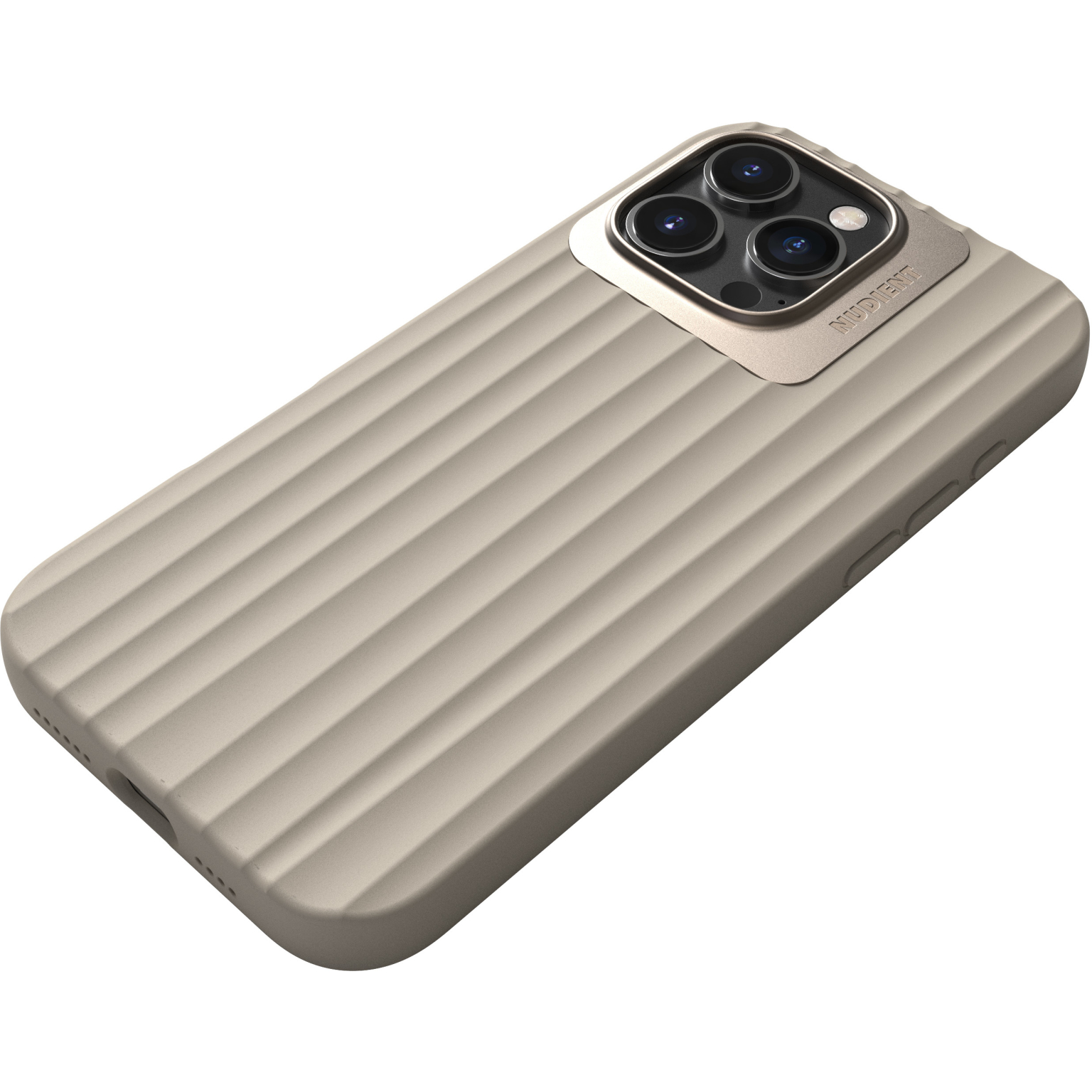 Coque de téléphone avec dos texturé. Trois objectifs d'appareil photo. Fond : blanc.