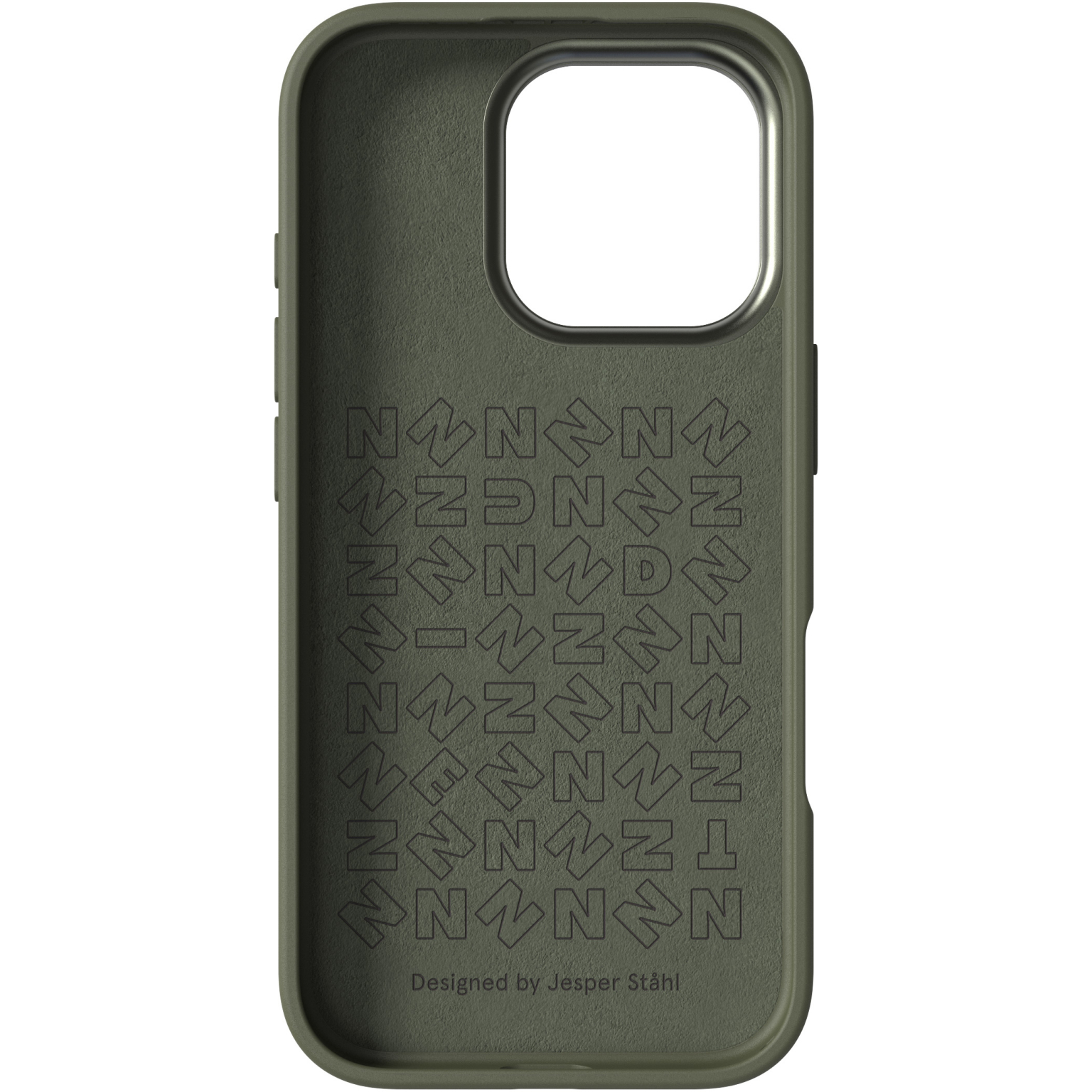 Intérieur de coque de téléphone vert olive avec un design. Texte 'Designed by Jesper Ståhl'.