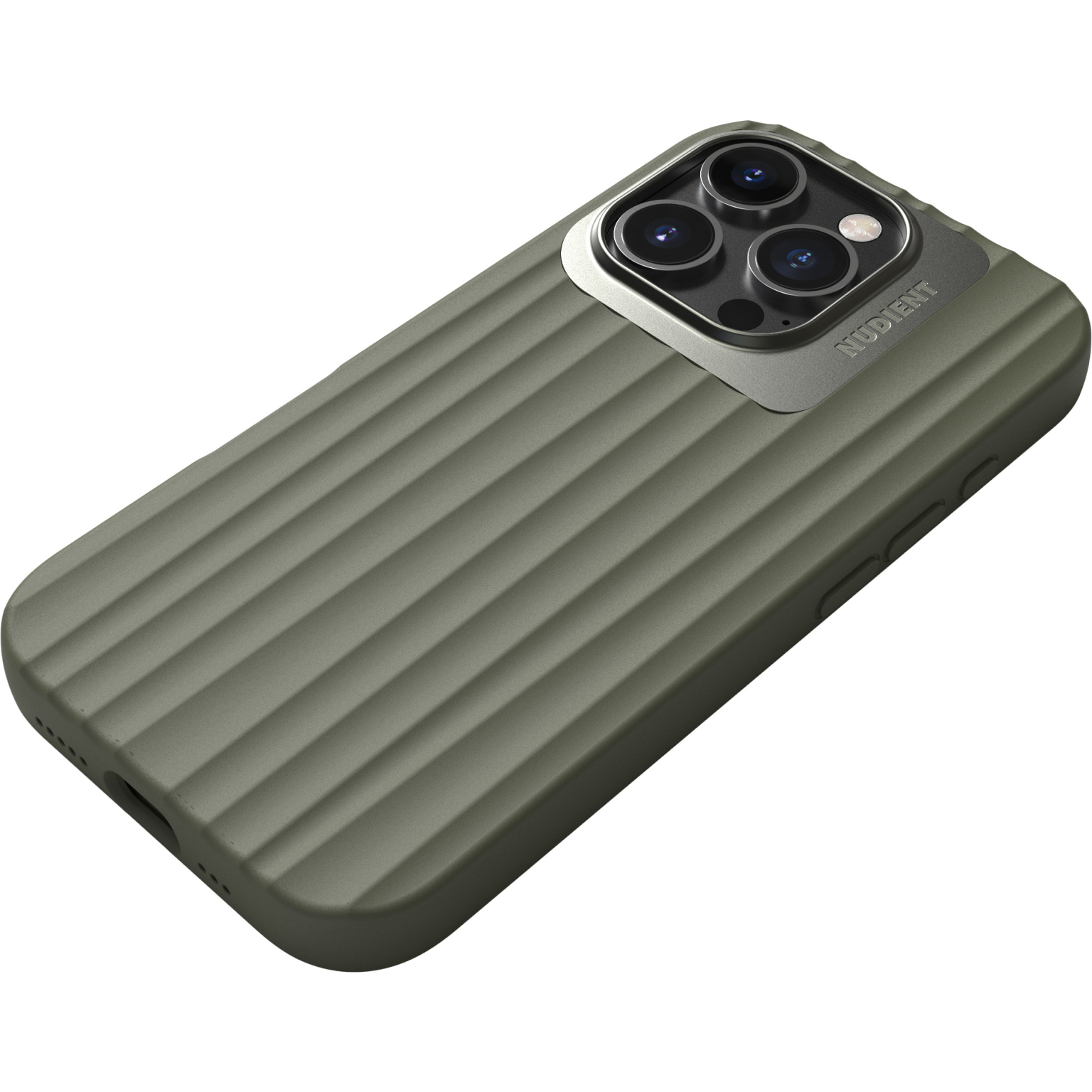 Coque de téléphone olive avec rainures et bosse pour caméra.