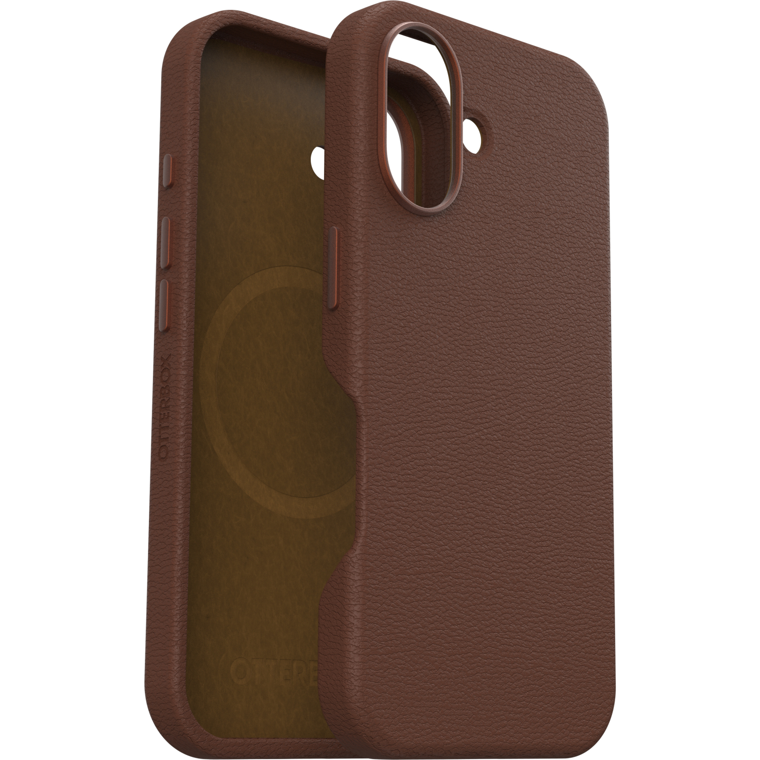 Étui de téléphone en cuir marron ouvert, montrant l'intérieur avec le logo Otterbox.