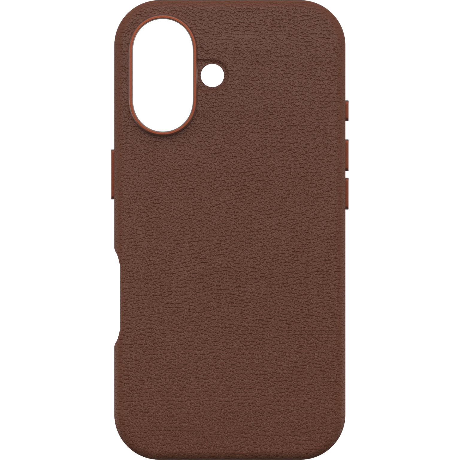 Coque de téléphone marron avec une texture cuir. Elle a des découpes pour la caméra et les boutons. La coque est dure.