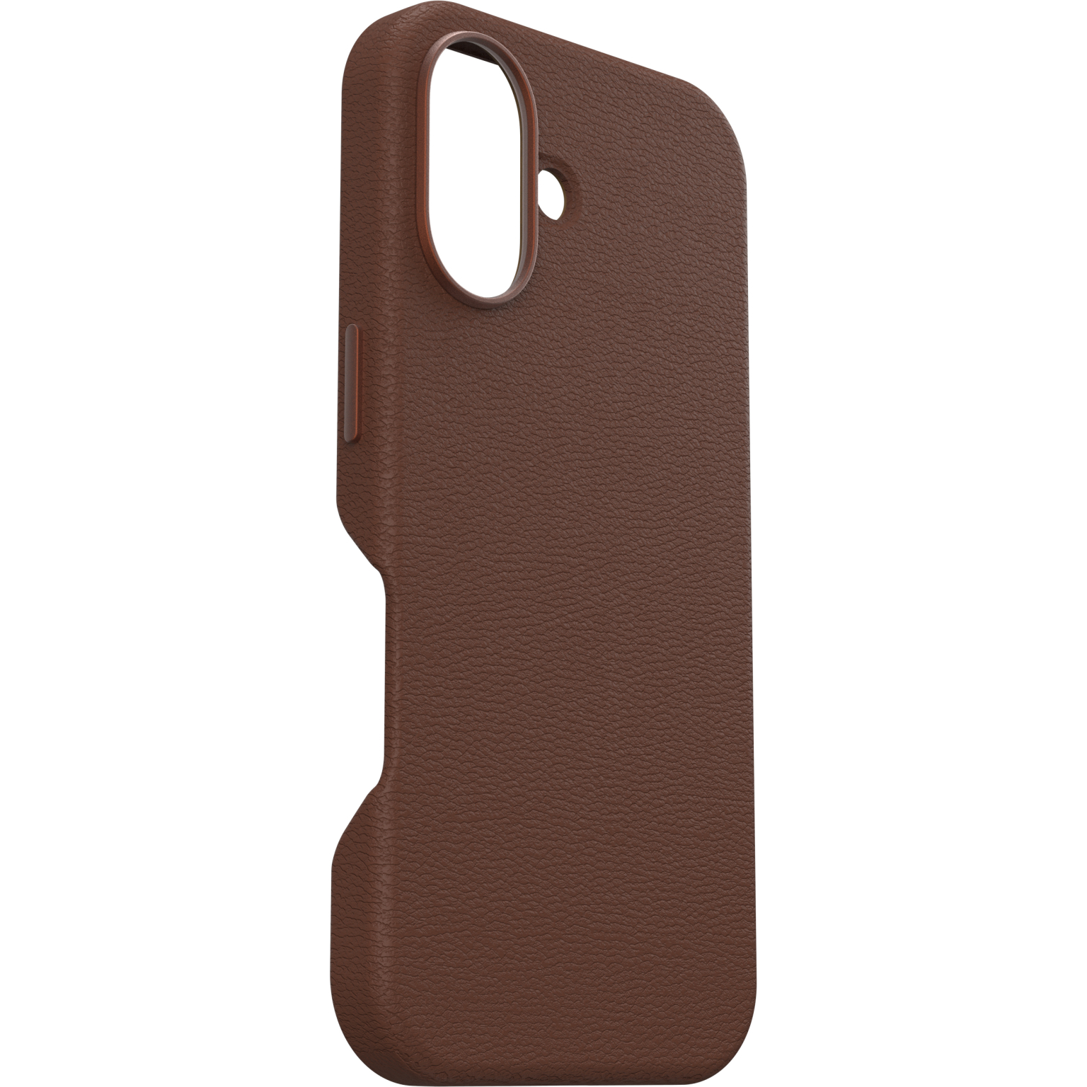 Coque de téléphone en cuir marron. Découpe pour appareil photo et boutons. Fond : blanc.