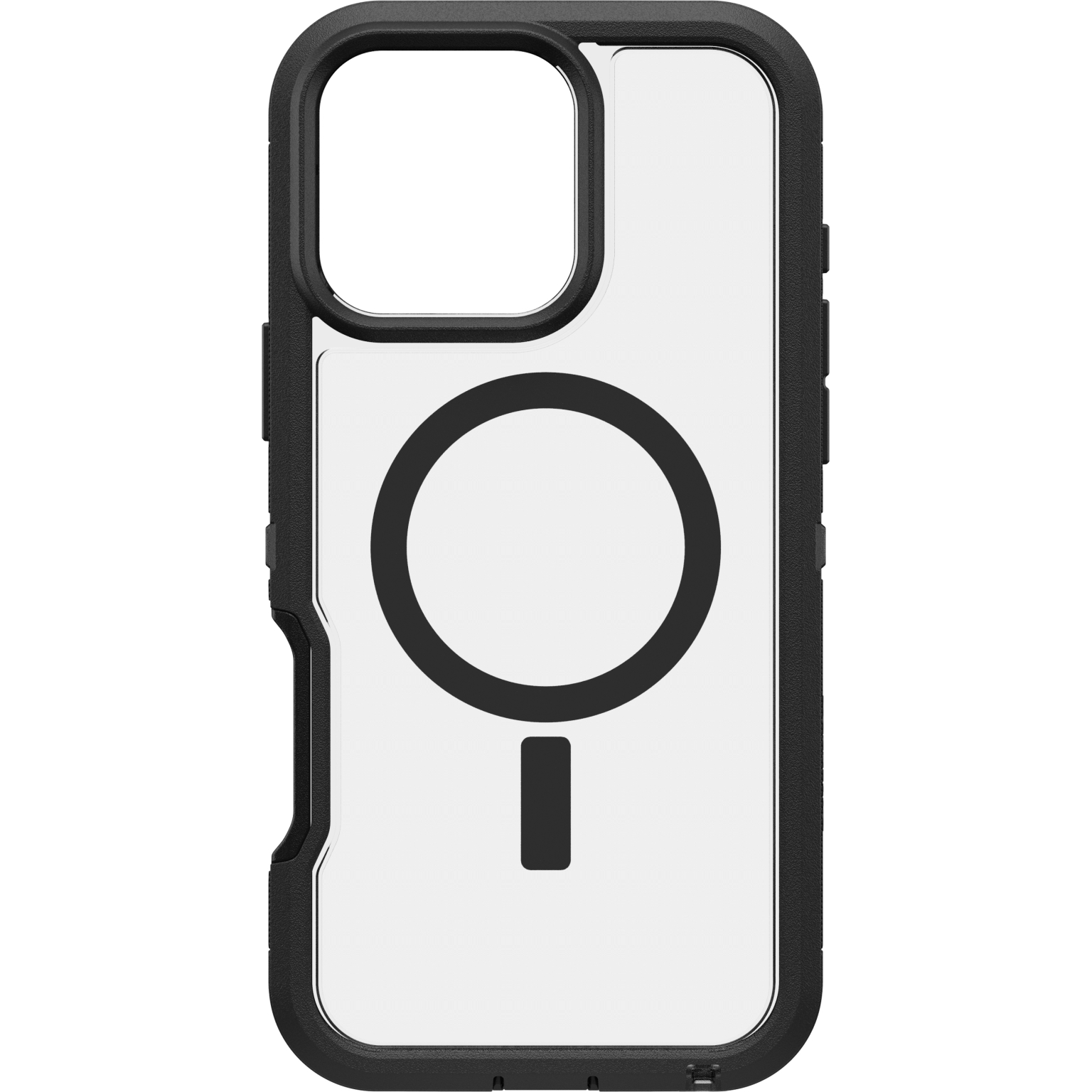 Funda negra para iPhone con borde negro y centro transparente. Muestra un anillo magnético.