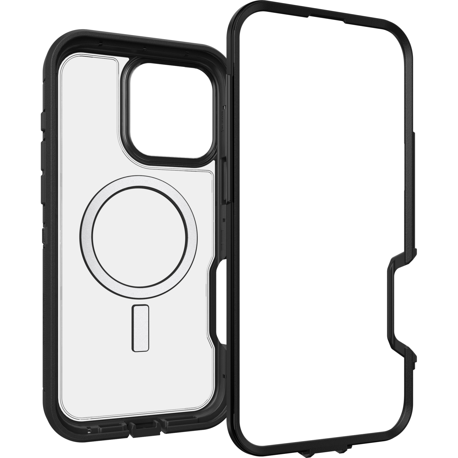 Funda de teléfono abierta con parte trasera transparente y marco negro, círculo MagSafe visible.