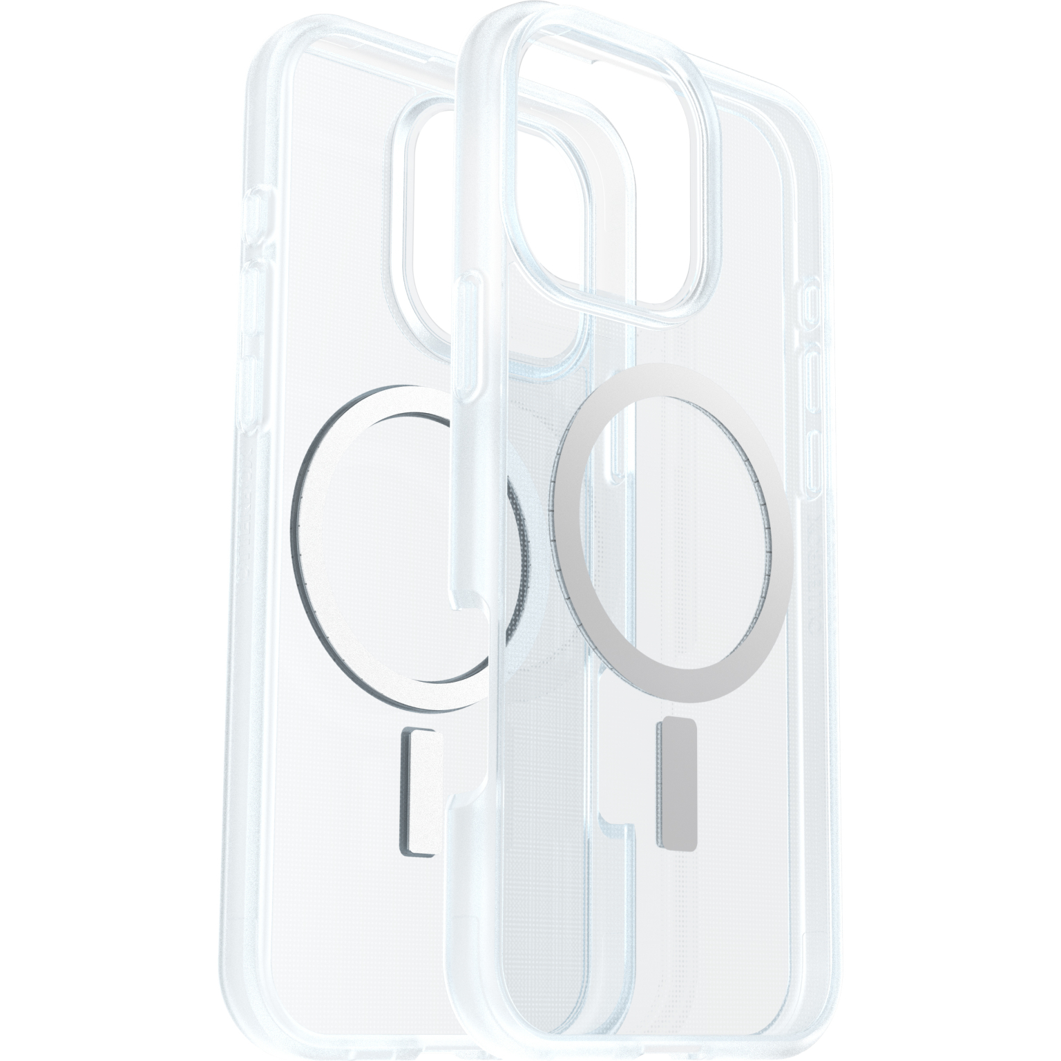 Coque de téléphone transparente avec un cercle blanc et une ligne noire. La coque est ouverte et a une coque dure.