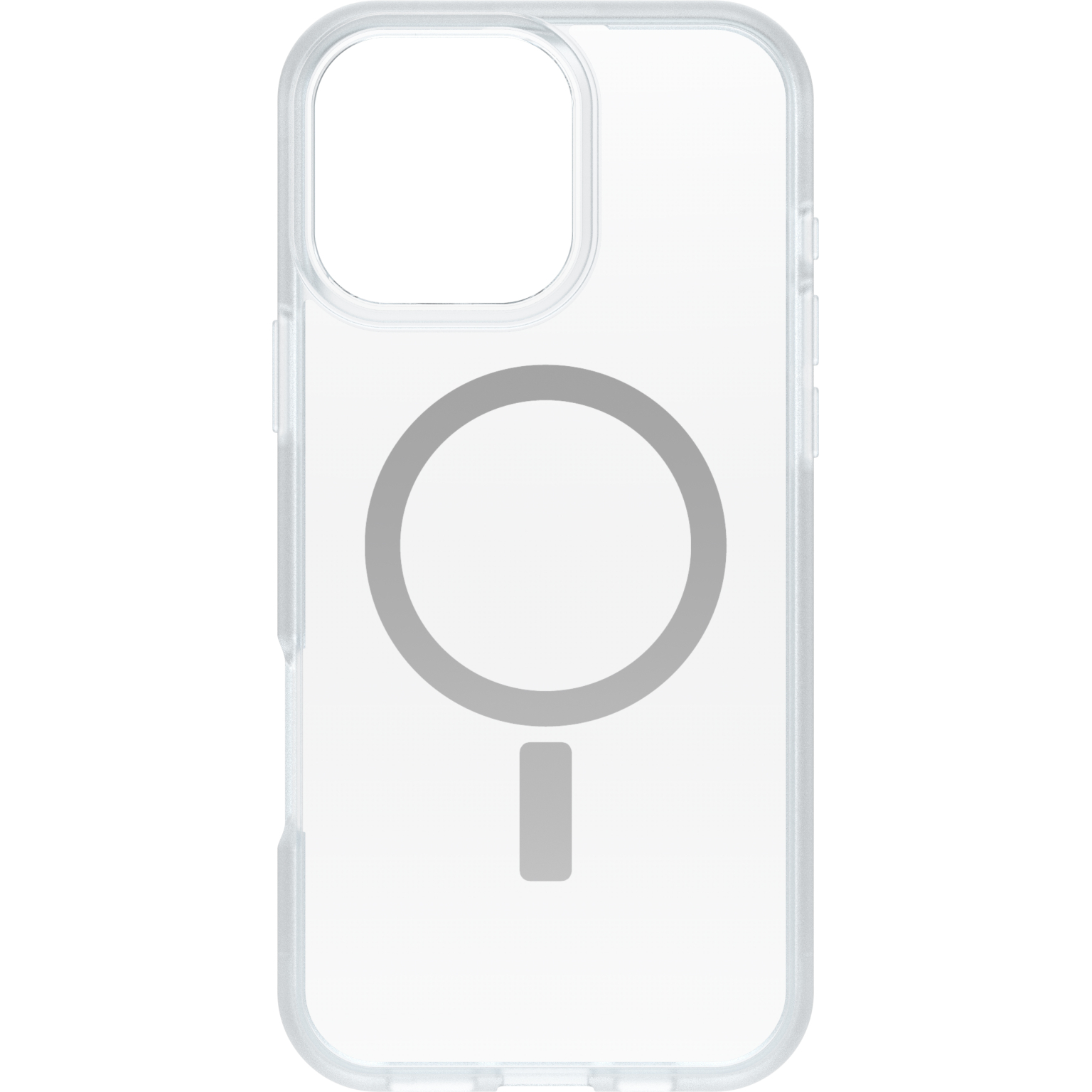 Coque de téléphone transparente. Montre l'intérieur avec un aimant rond. Fond : blanc.