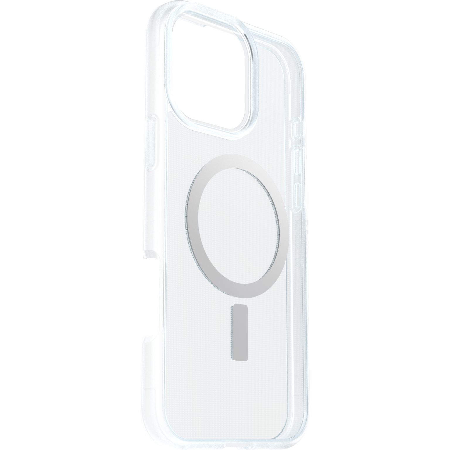 Coque transparente avec anneau magnétique et rectangle. Boutons et côté visibles.