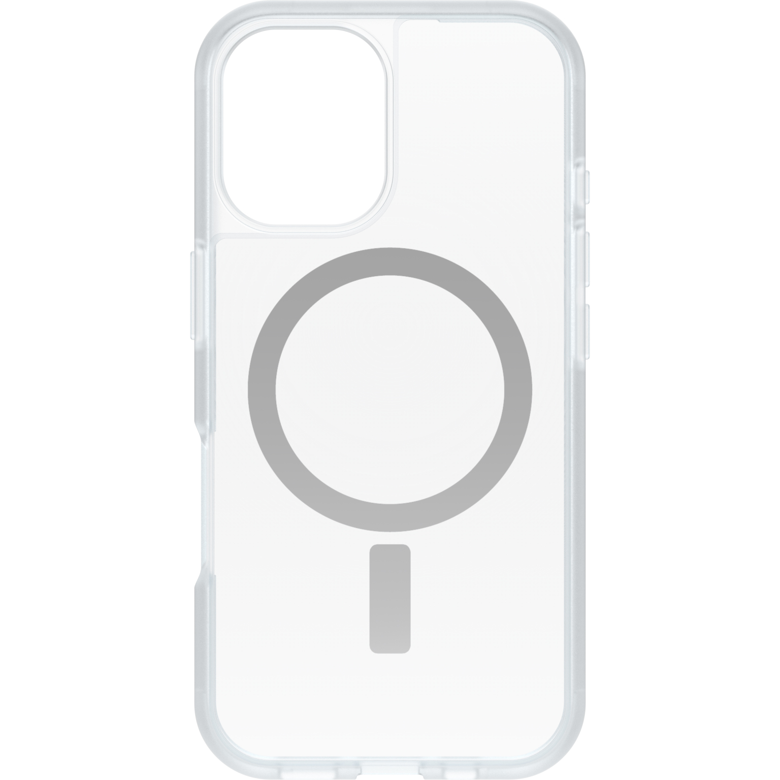 Coque de téléphone transparente avec anneau magnétique à l'arrière et boutons latéraux.