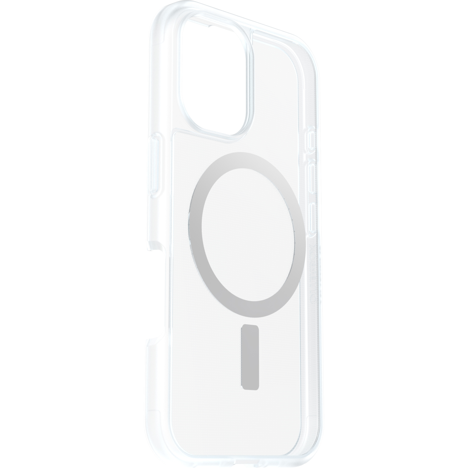 Coque de téléphone transparente avec anneau magnétique argenté et petit rectangle. Design clair.